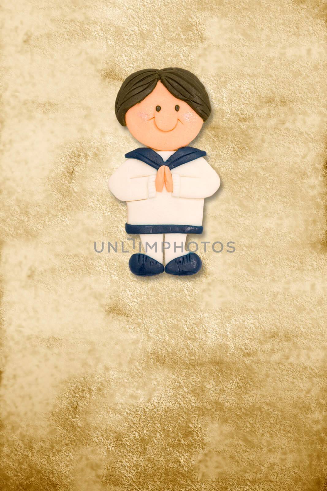 vertical card first communion dress funny toddler sailor on parchment background