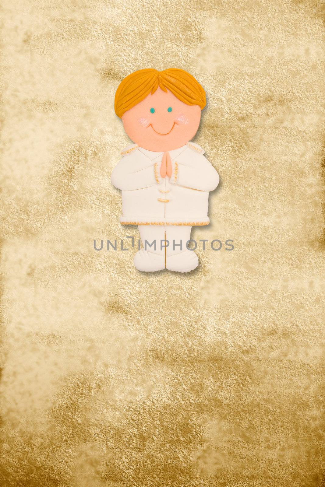 vertical card first communion, funny blond boy in parchment background