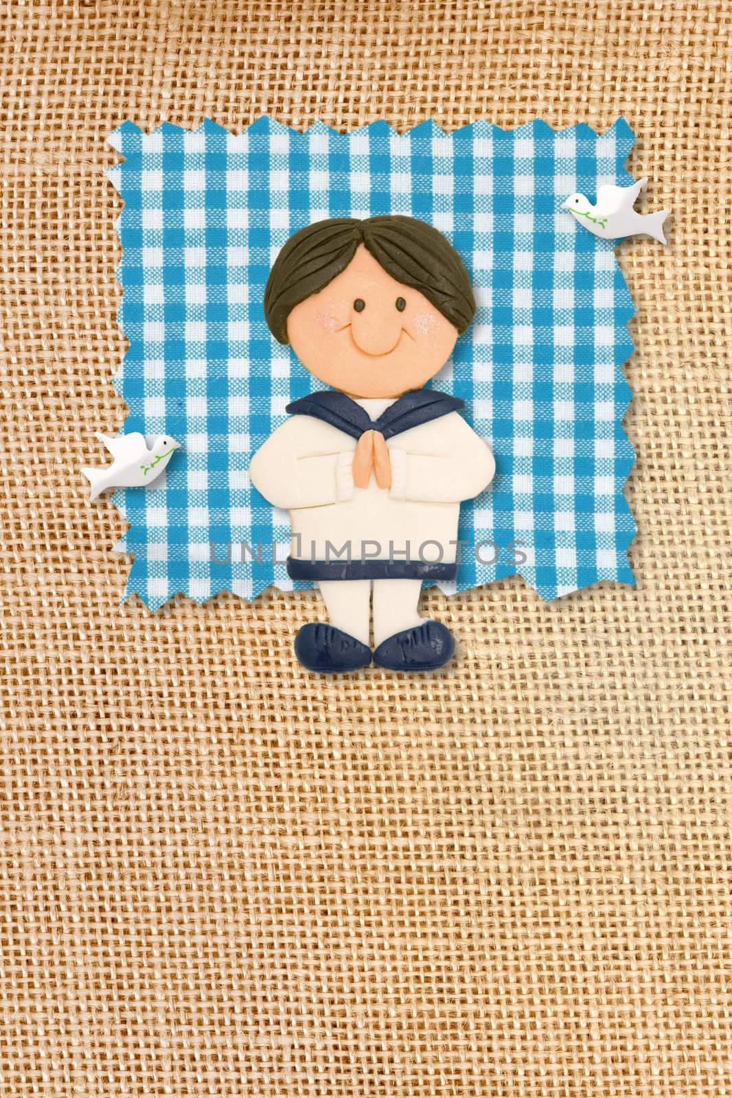 First Holy Communion Invitation Card, rustic style, funny brunette boy by Carche