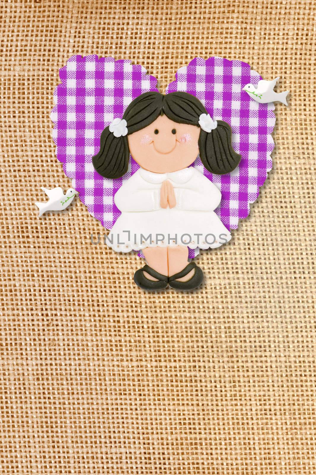First Holy Communion Invitation Card, rustic style, funny brunette girl by Carche
