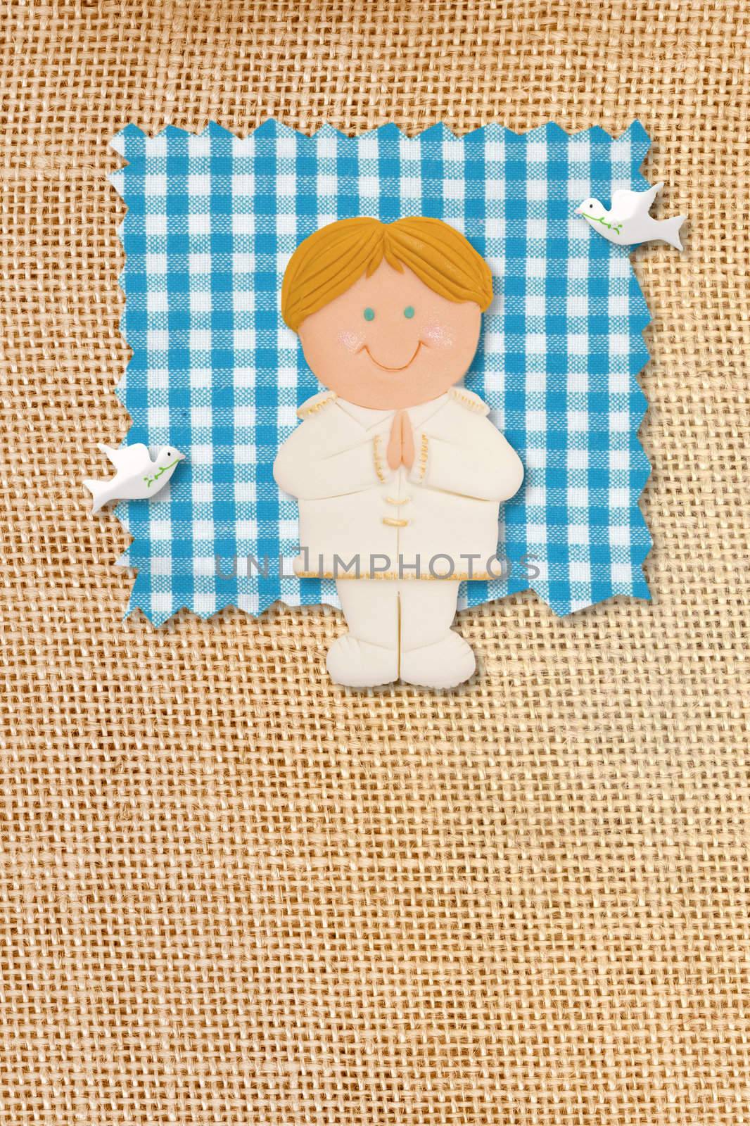 First Holy Communion Invitation Card, rustic style, funny blonde boy in burlap background