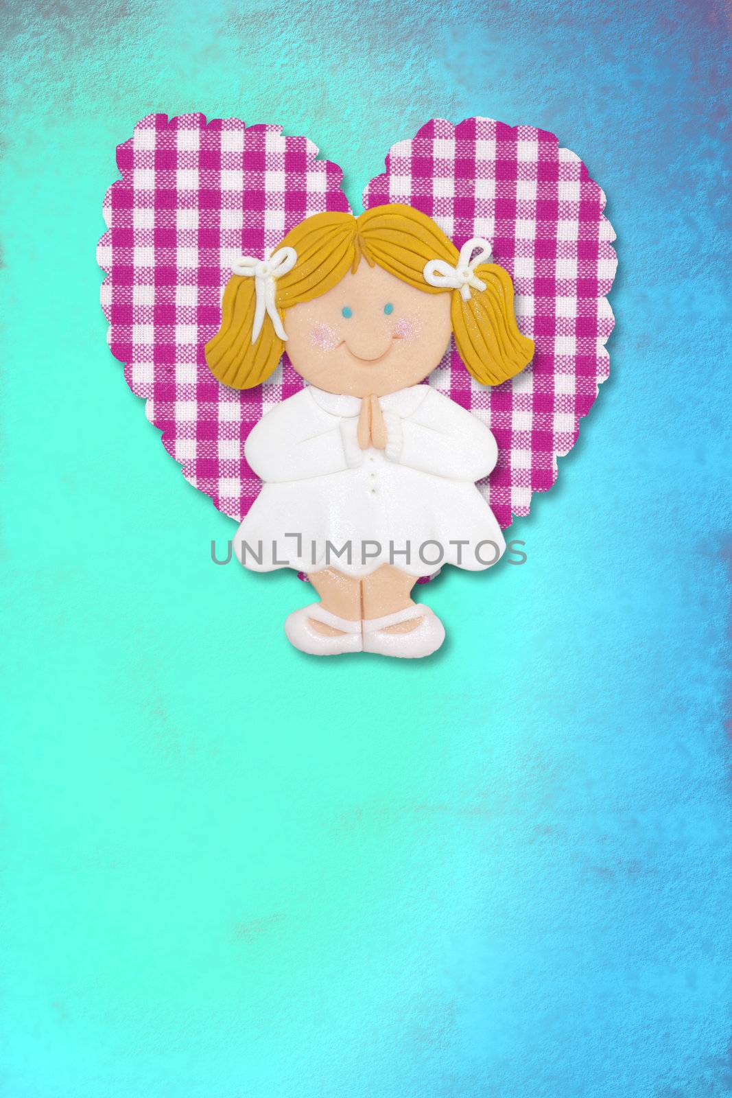 First Holy Communion Invitation Card, cute blond girl on blue background