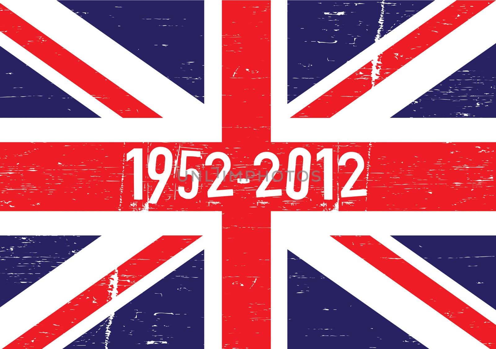 The union jack flag with a grunge effect applied with text set to the middle '1952-2012'. Reflective of the punk period in celebration of the forthcoming Diamond Jubilee year in the UK.