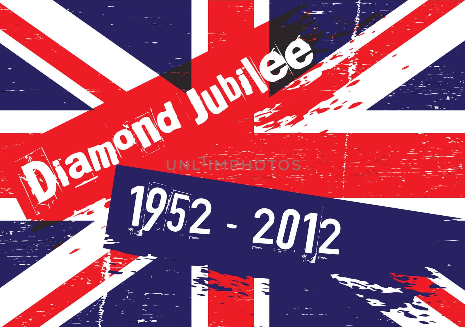 The union jack flag with a grunge effect applied with text set at an angle 'Diamond Jubilee' and '1952 - 2012'. Reflective of the punk period in celebration of the forthcoming Diamond Jubilee year in the UK.