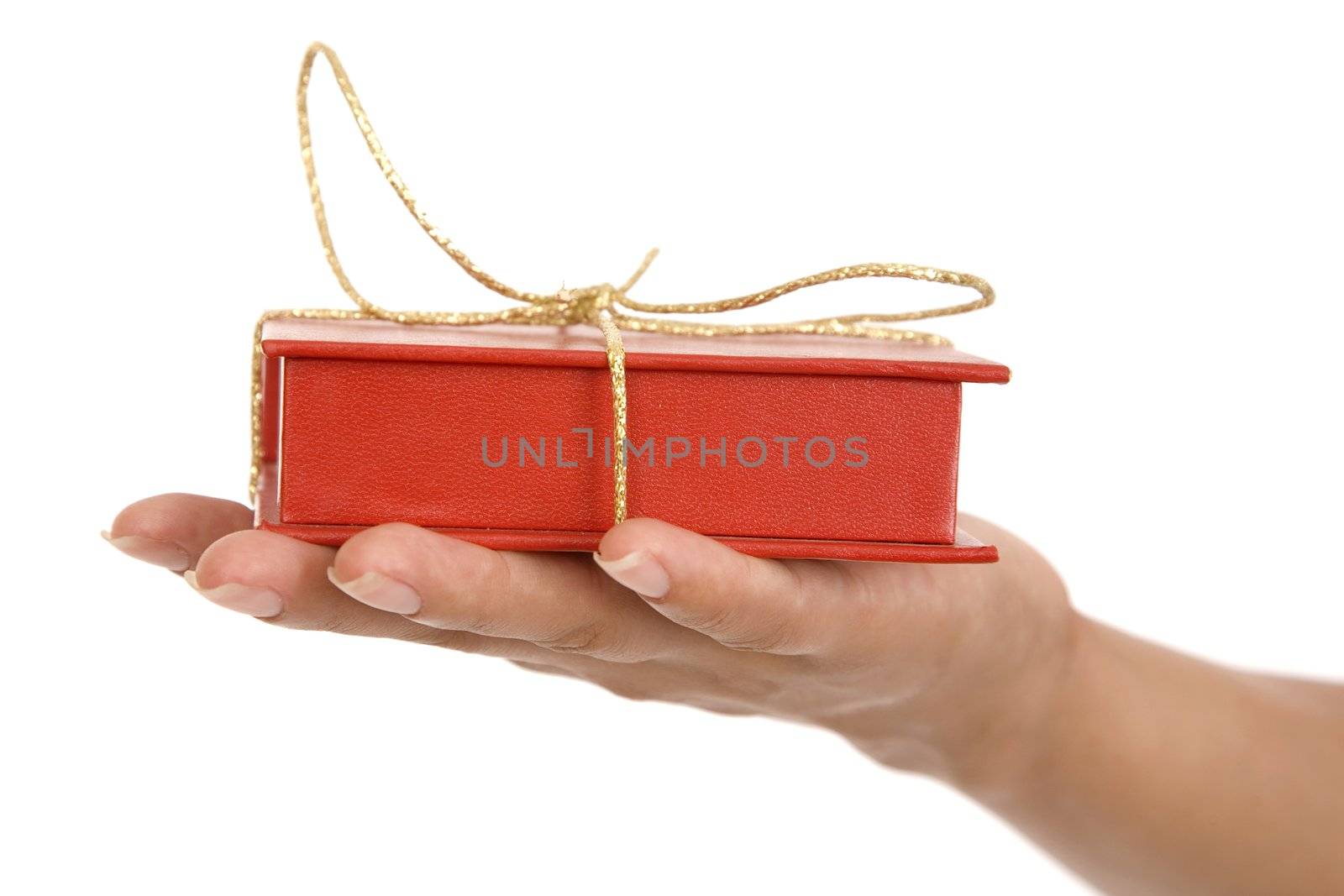 Time gifts - red gift box in hand girls on white background