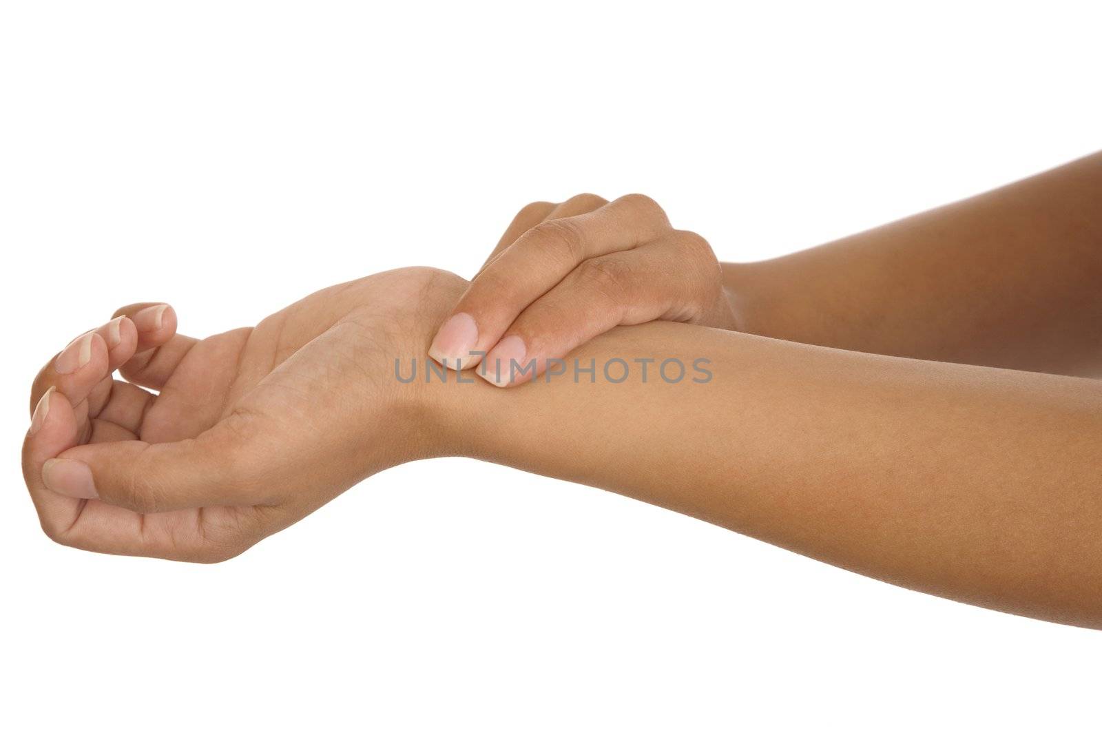 Medicine health care human hand measuring arm pulse isolated on white background