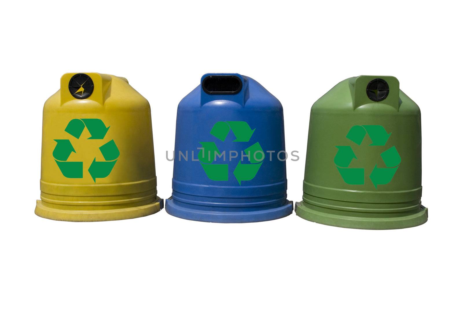 Recycle containers for glass, metal, plastic and paper isolated on white background 