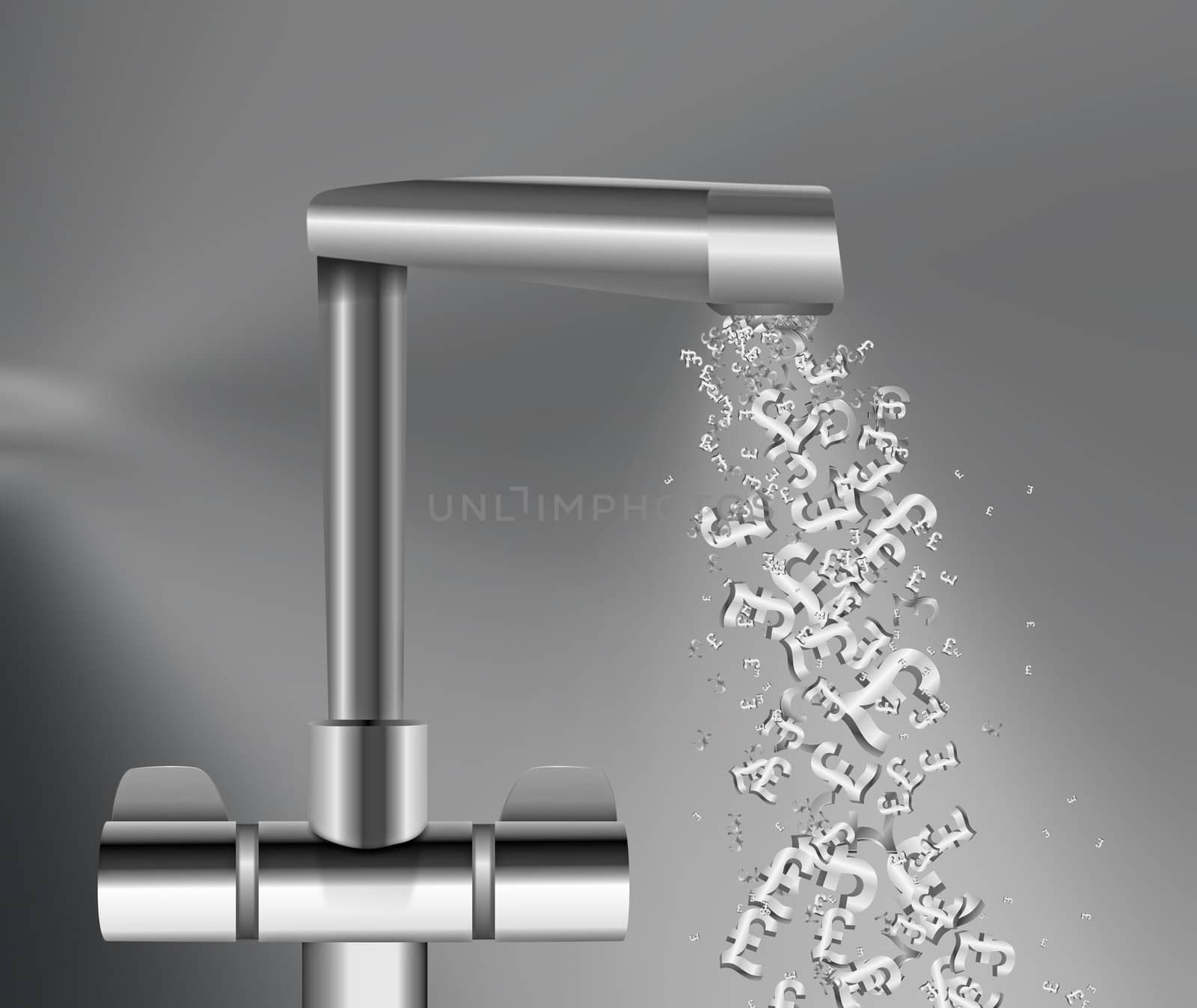 Illustration depicting a chrome water tap with metallic UK Pound Signs flowing from the spout against a grey background.