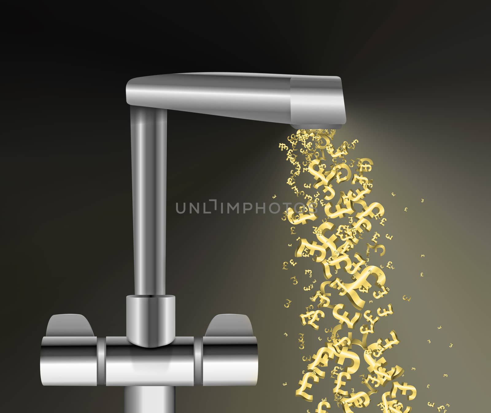 Illustration depicting a chrome water tap with metallic gold UK Pound Signs flowing from the spout against a dark background.