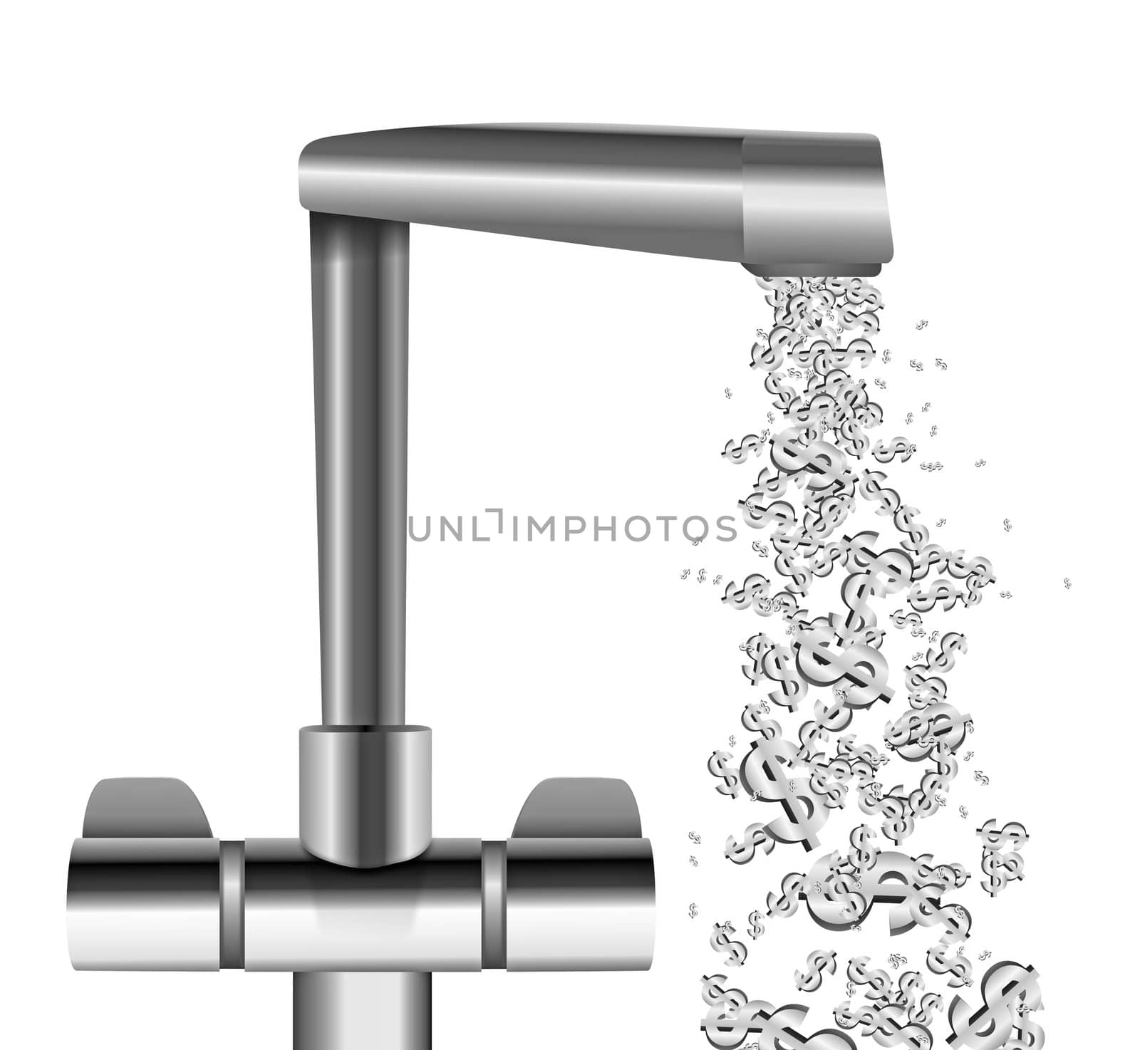 Illustration depicting a chrome water tap with metallic US Dollar Signs flowing from the spout against a white background.