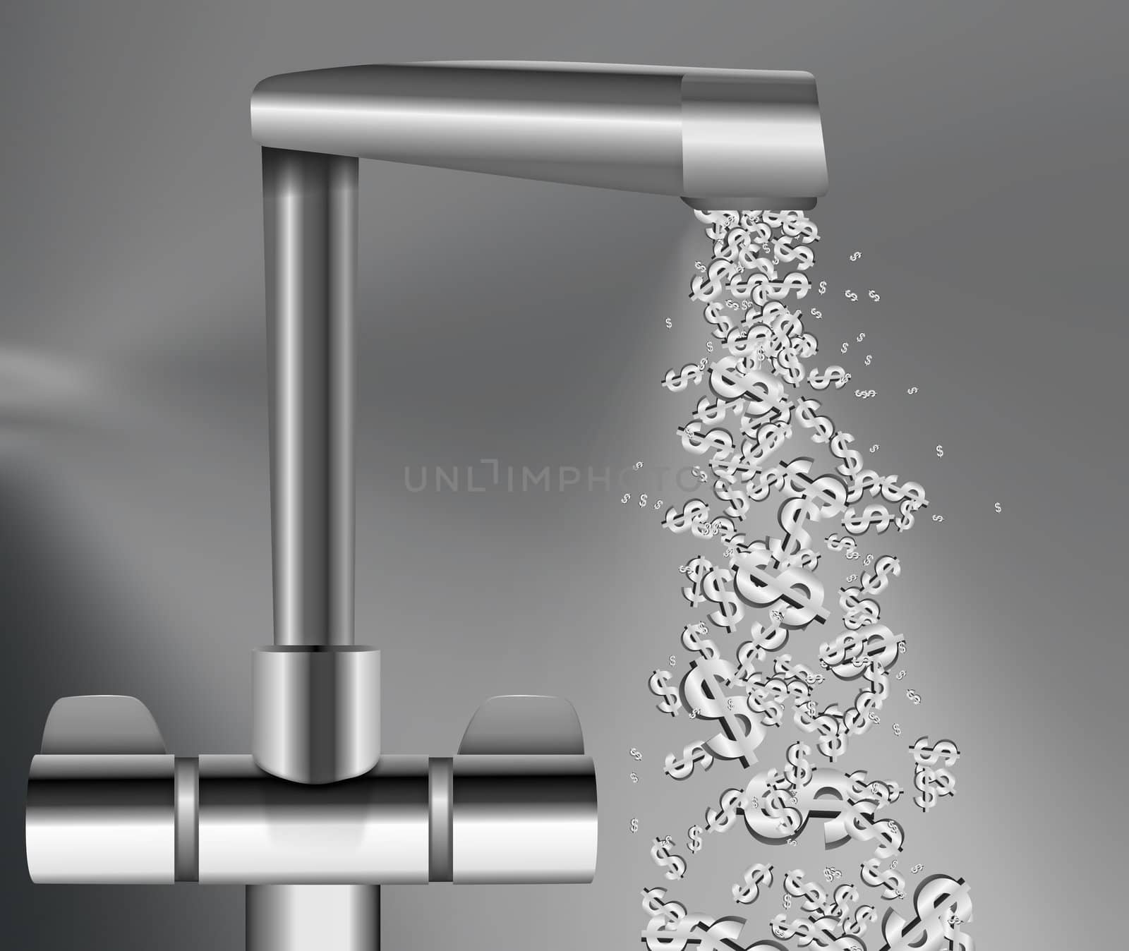 Illustration depicting a chrome water tap with metallic US Dollar Signs flowing from the spout against a grey background.