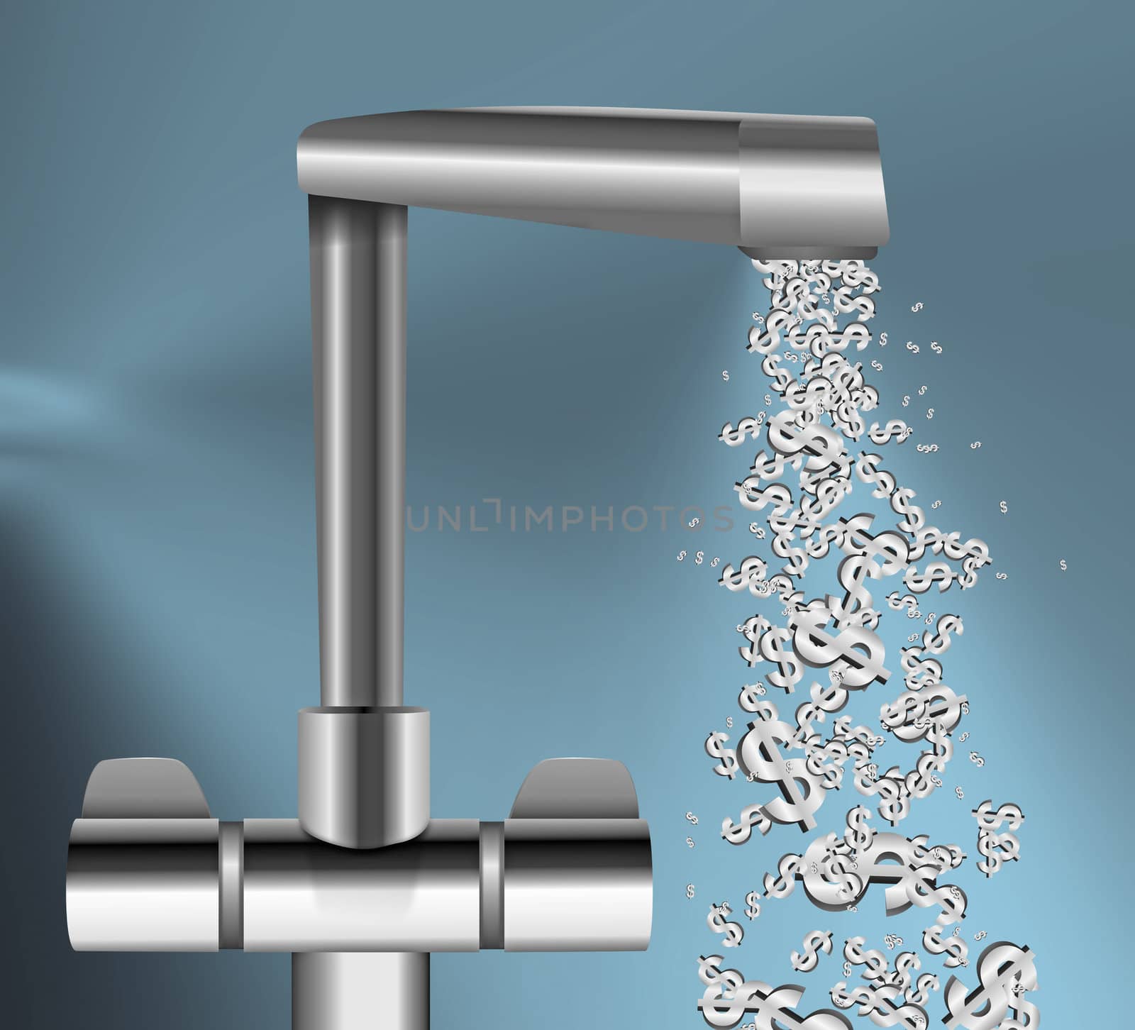 Illustration depicting a chrome water tap with metallic US Dollar Signs flowing from the spout against a blue background.