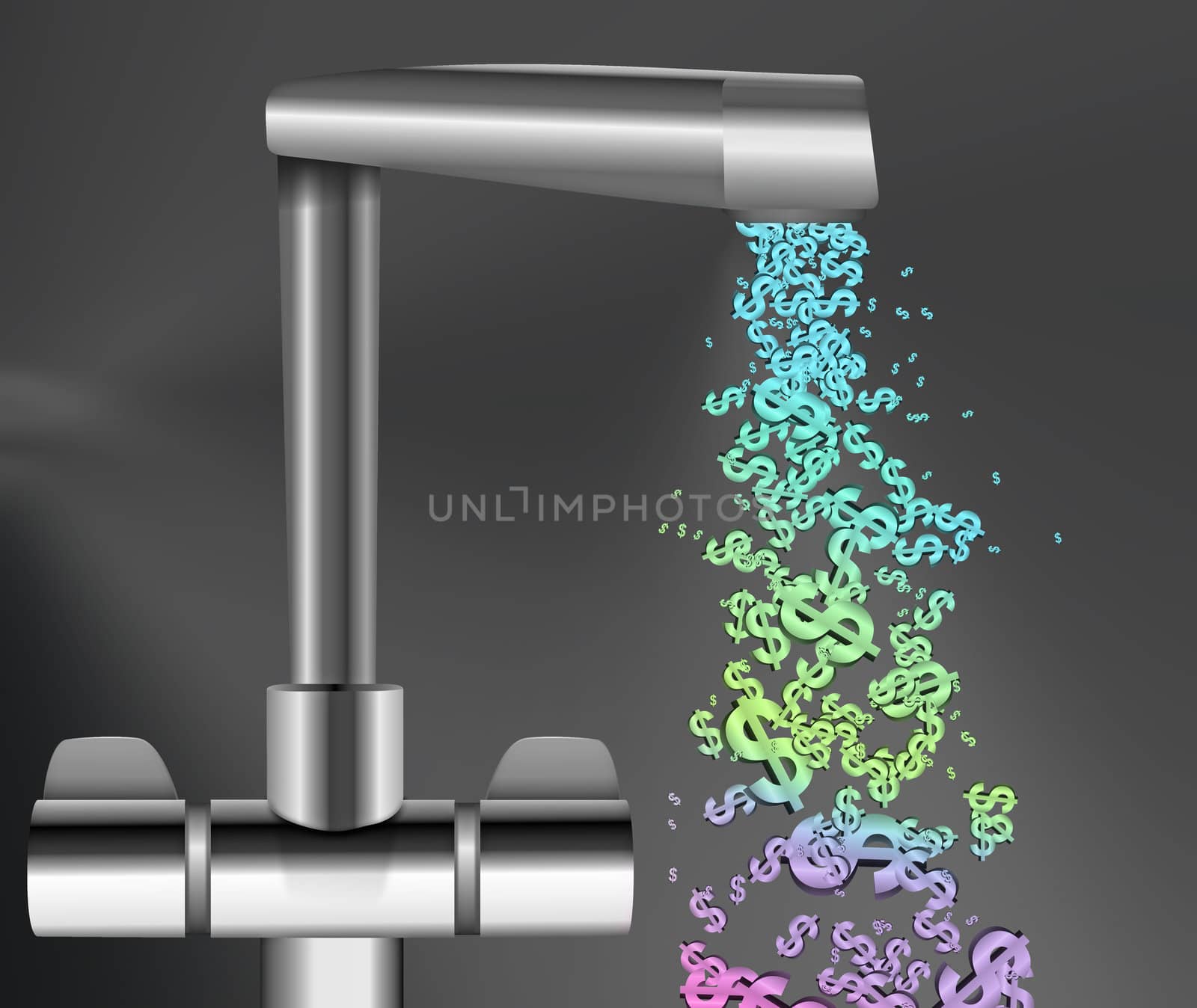 Illustration depicting a chrome water tap with metallic US Dollar Signs flowing from the spout against a grey background.