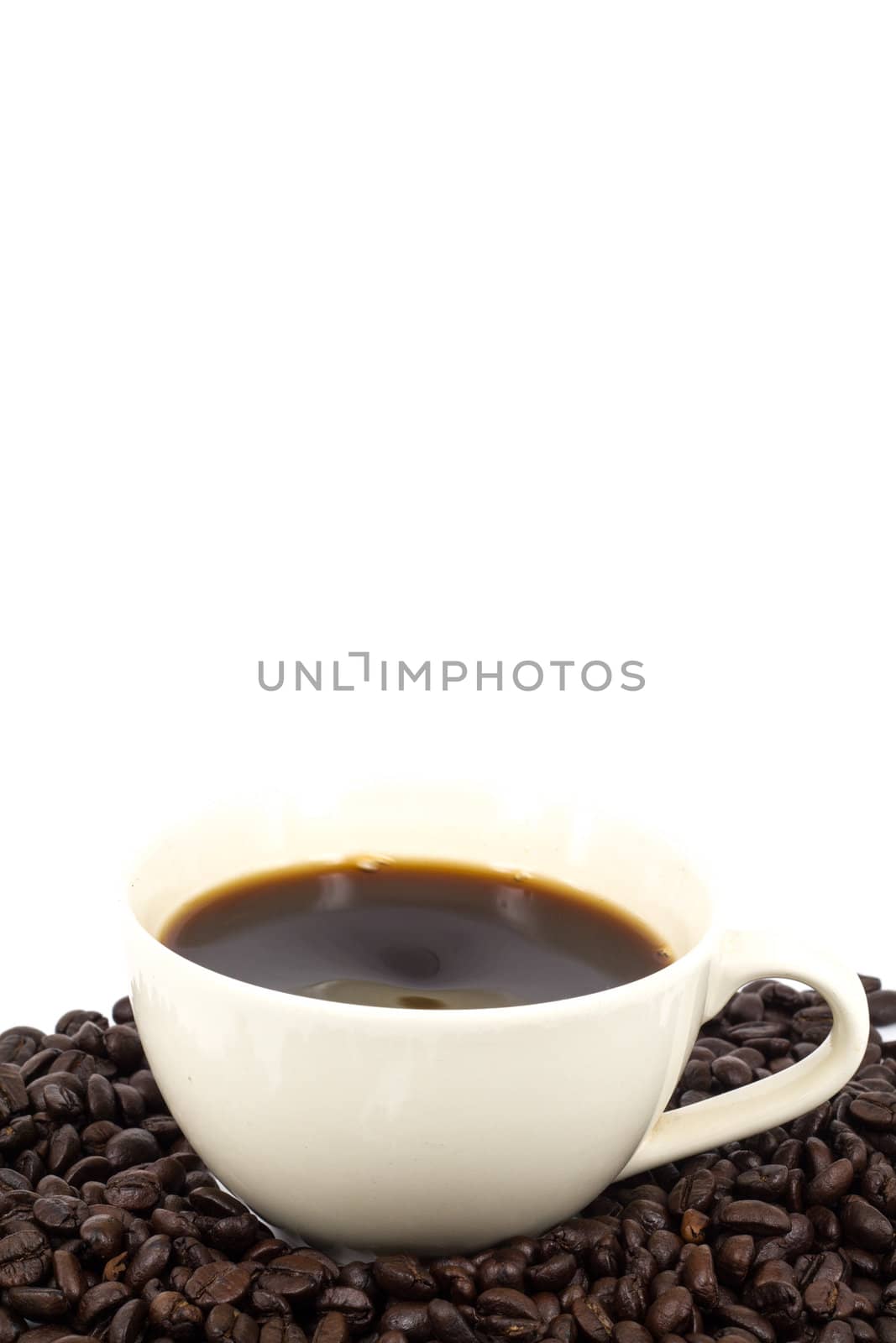 hot coffee in white background and coffee beans
