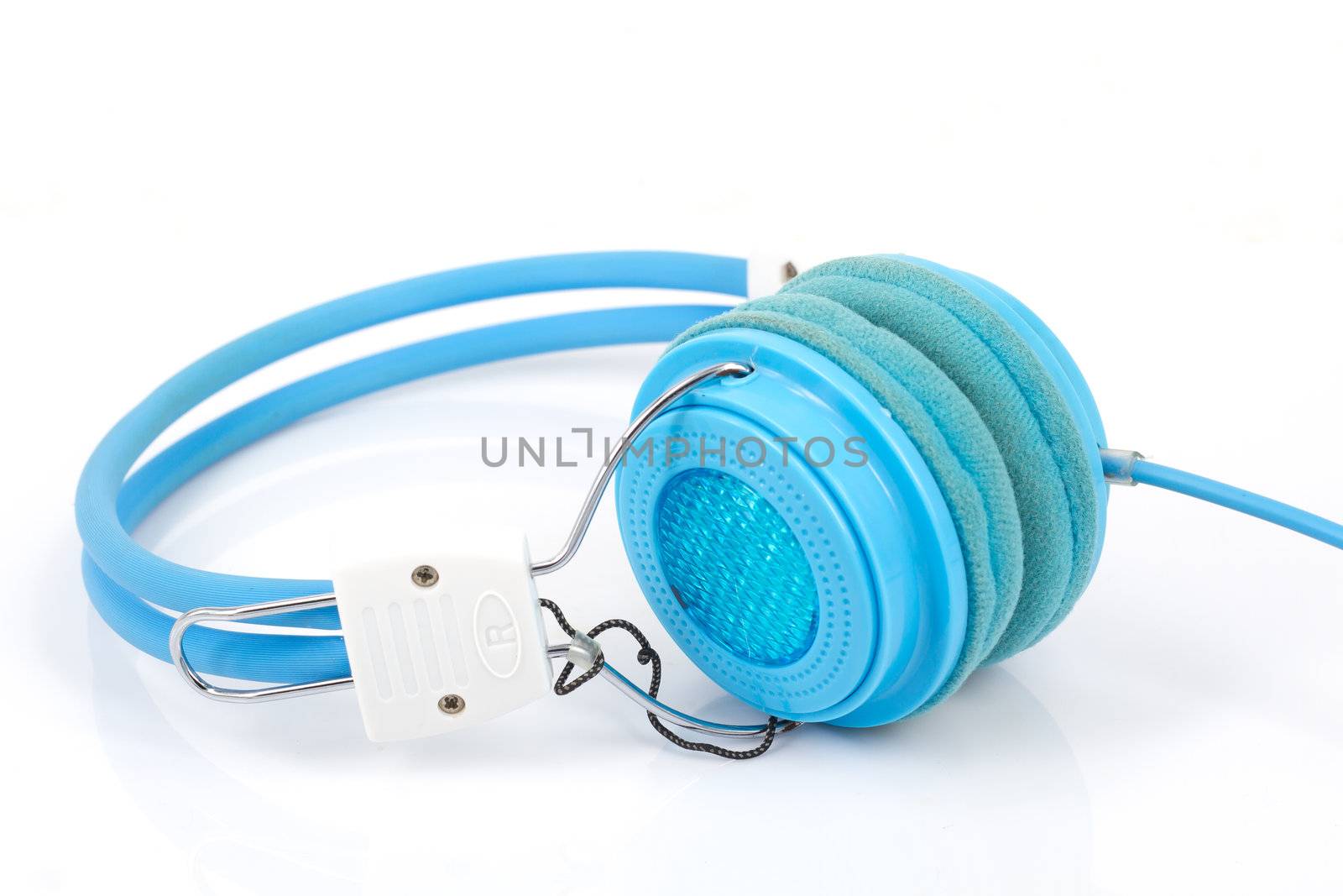 Used blue headphone in white background