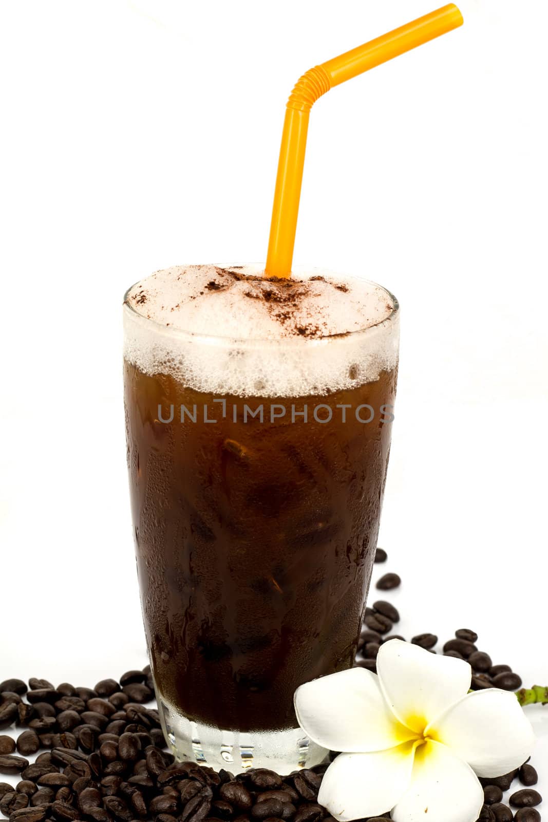 ice coffee on white background with coffee beans