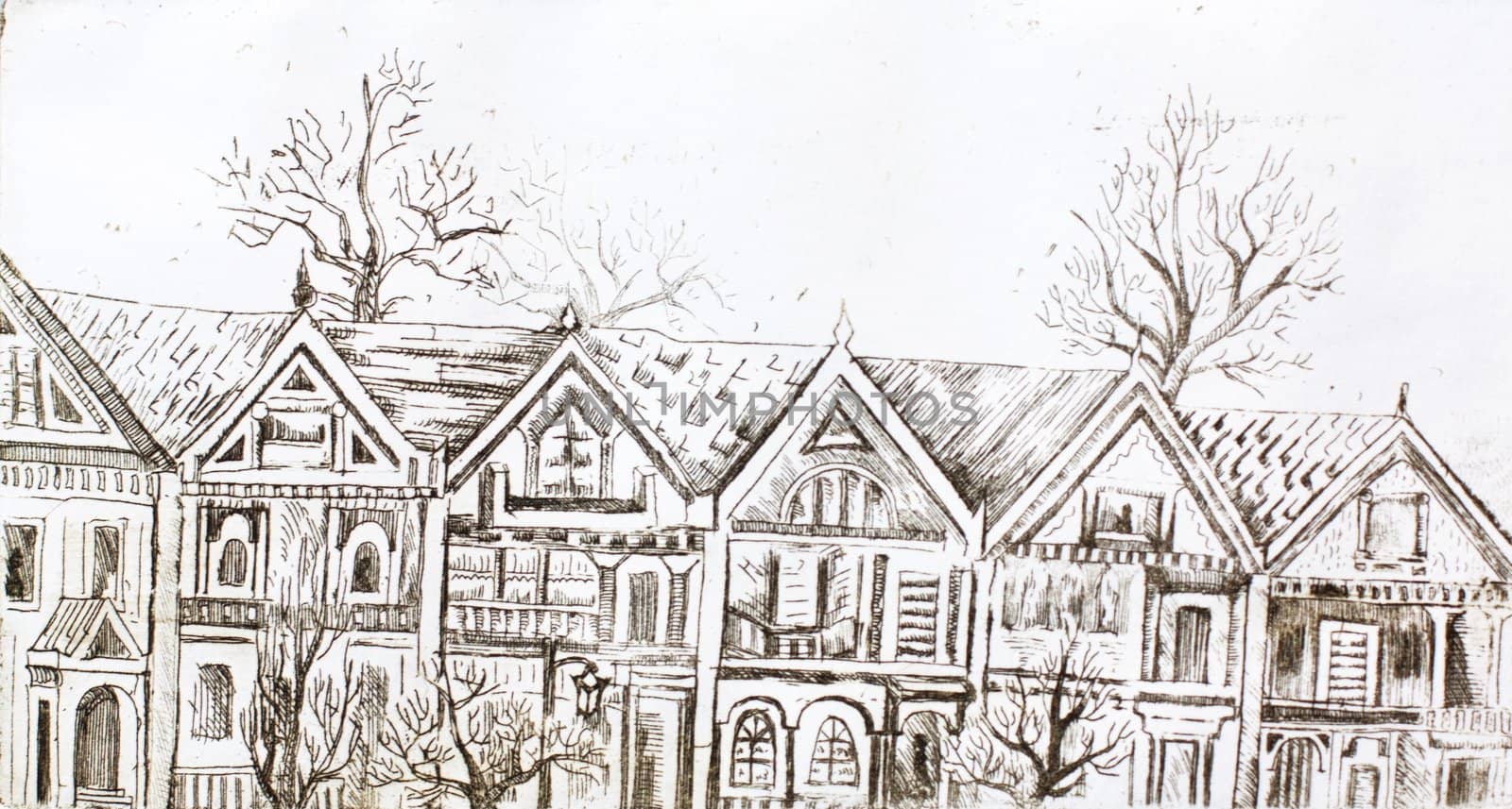 aquafortis artwork with row of stylised victorian houses