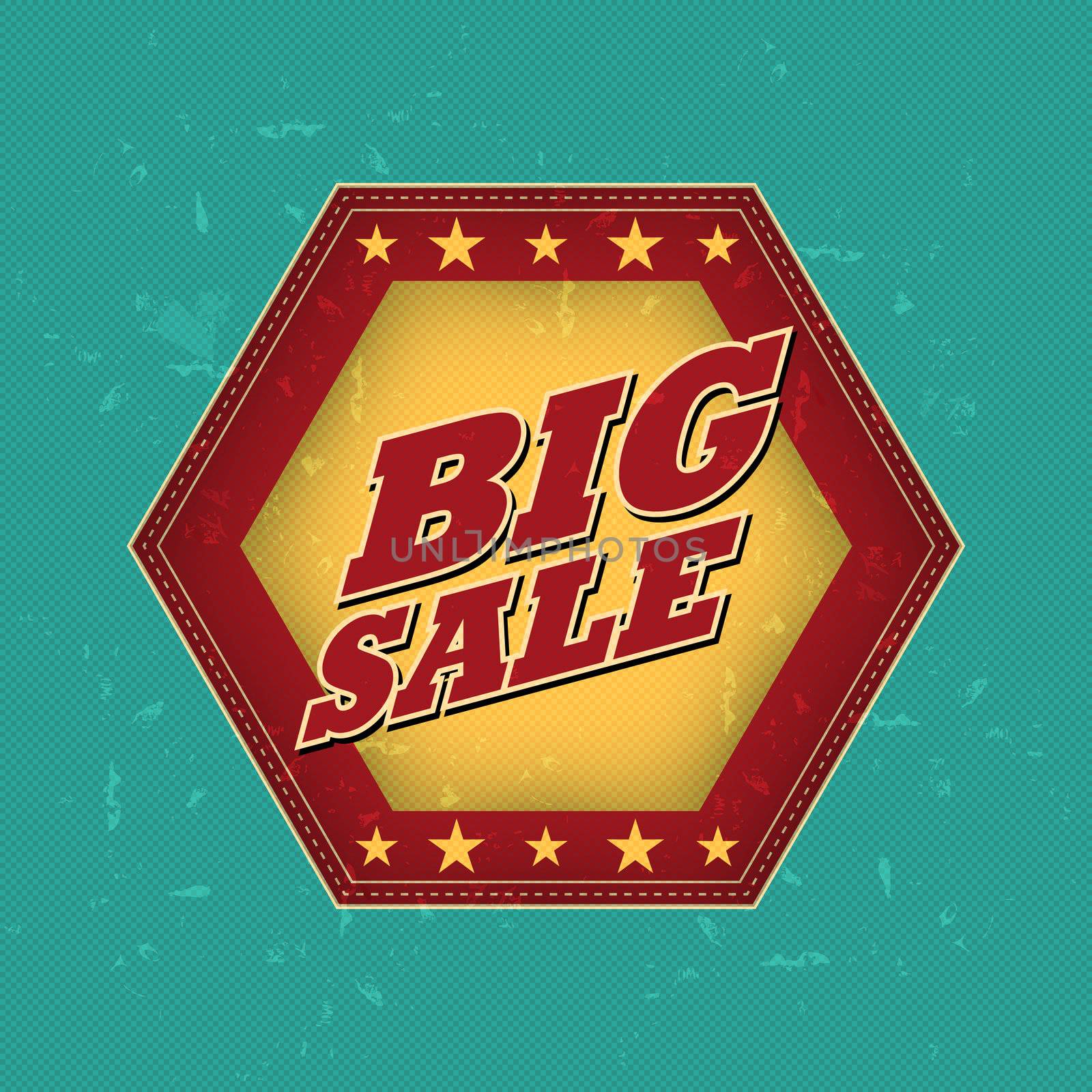 big sale - retro style blue, ocher, red hexagon label with text and stars, business concept