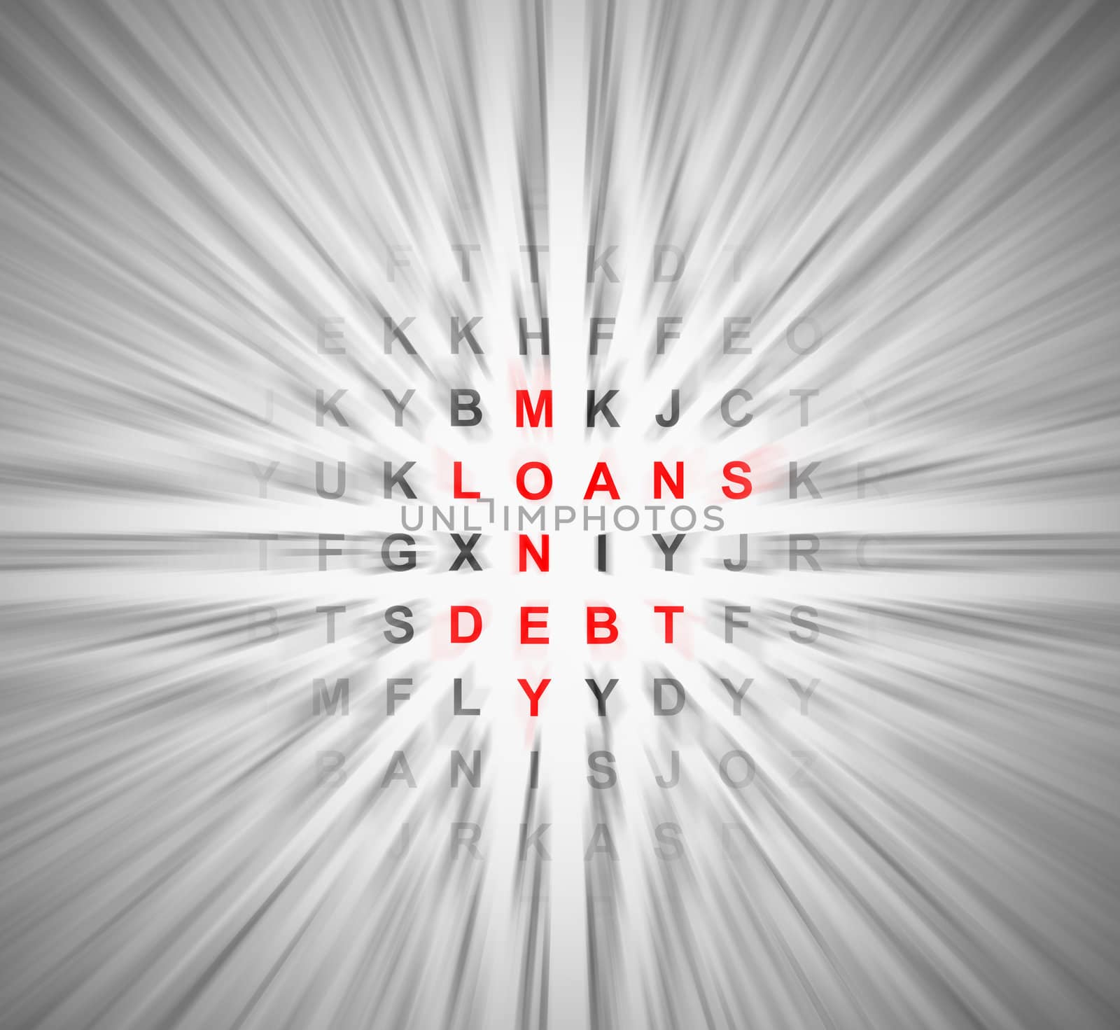 Illustration depicting a simple wordsearch puzzle with motion blur resulting in central financial words in focus.
