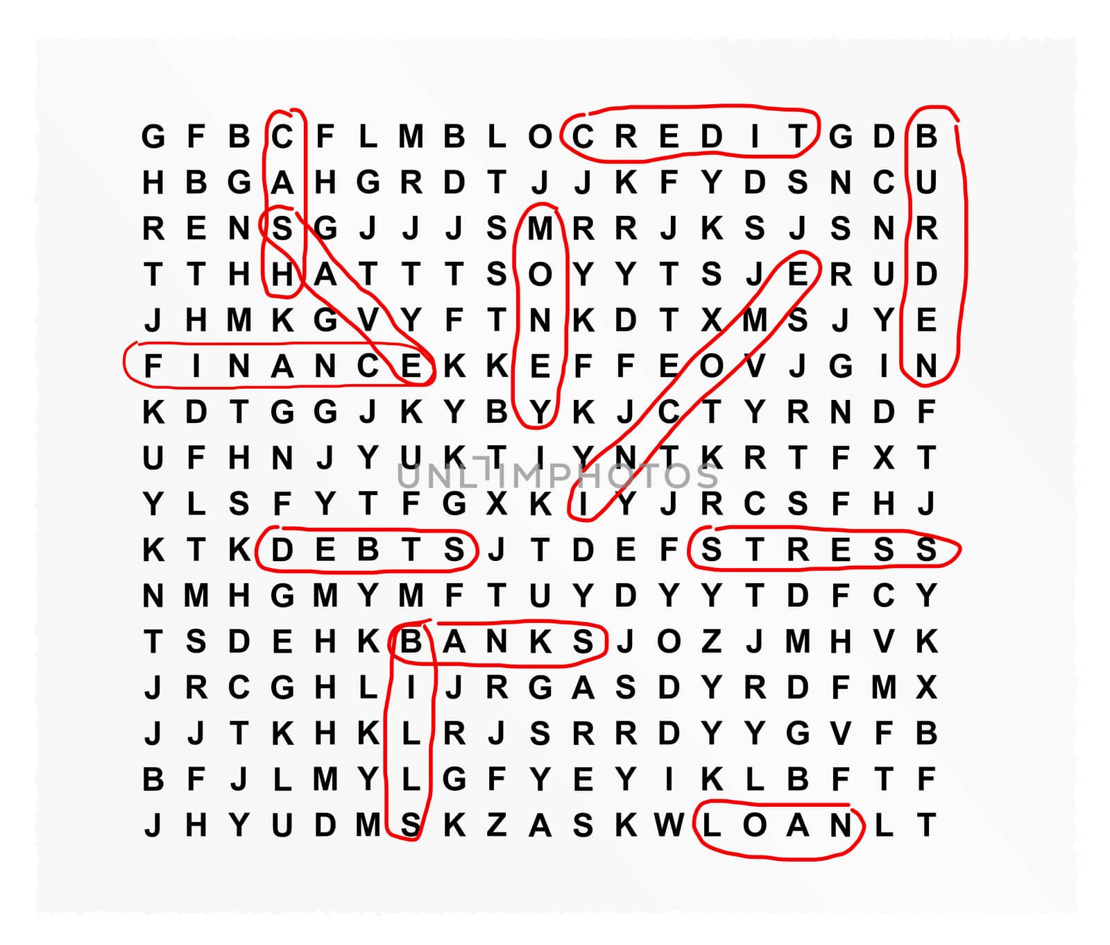 Illustration depicting a simple wordsearch puzzle with financial words ringed.