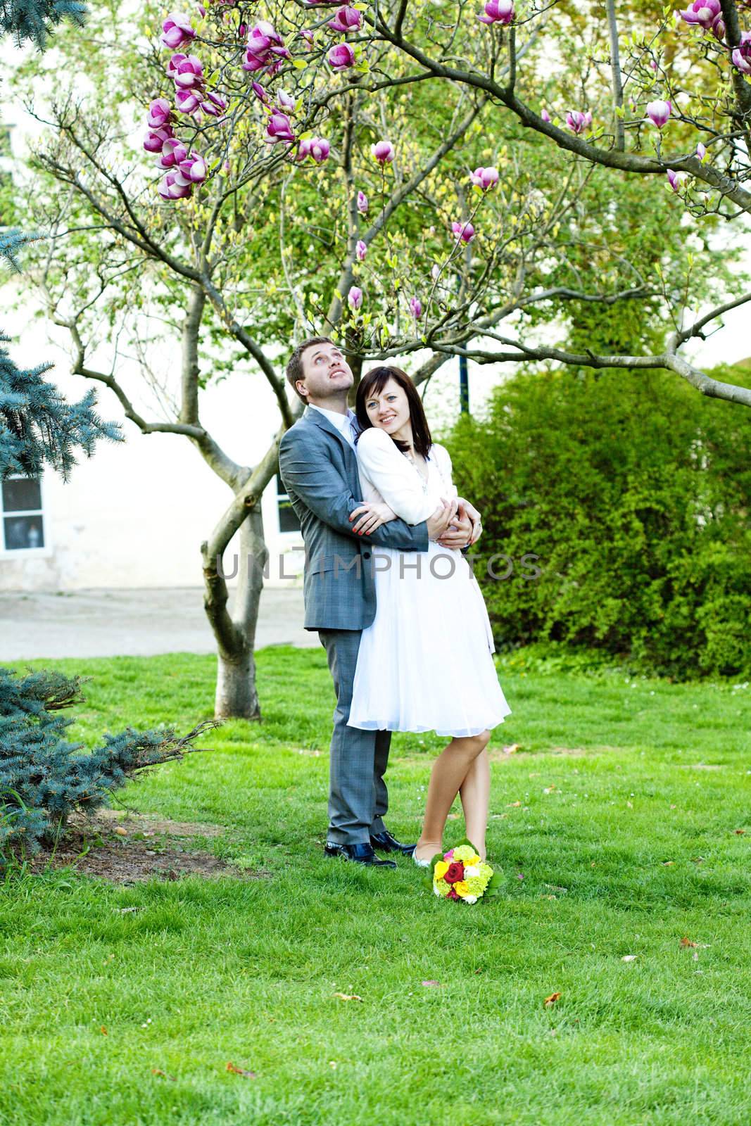 just  married in a beautiful garden