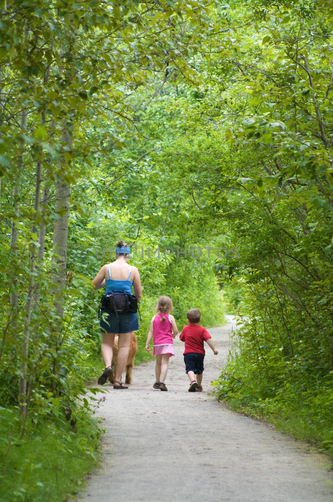 Happy family walking in a forest with their dog