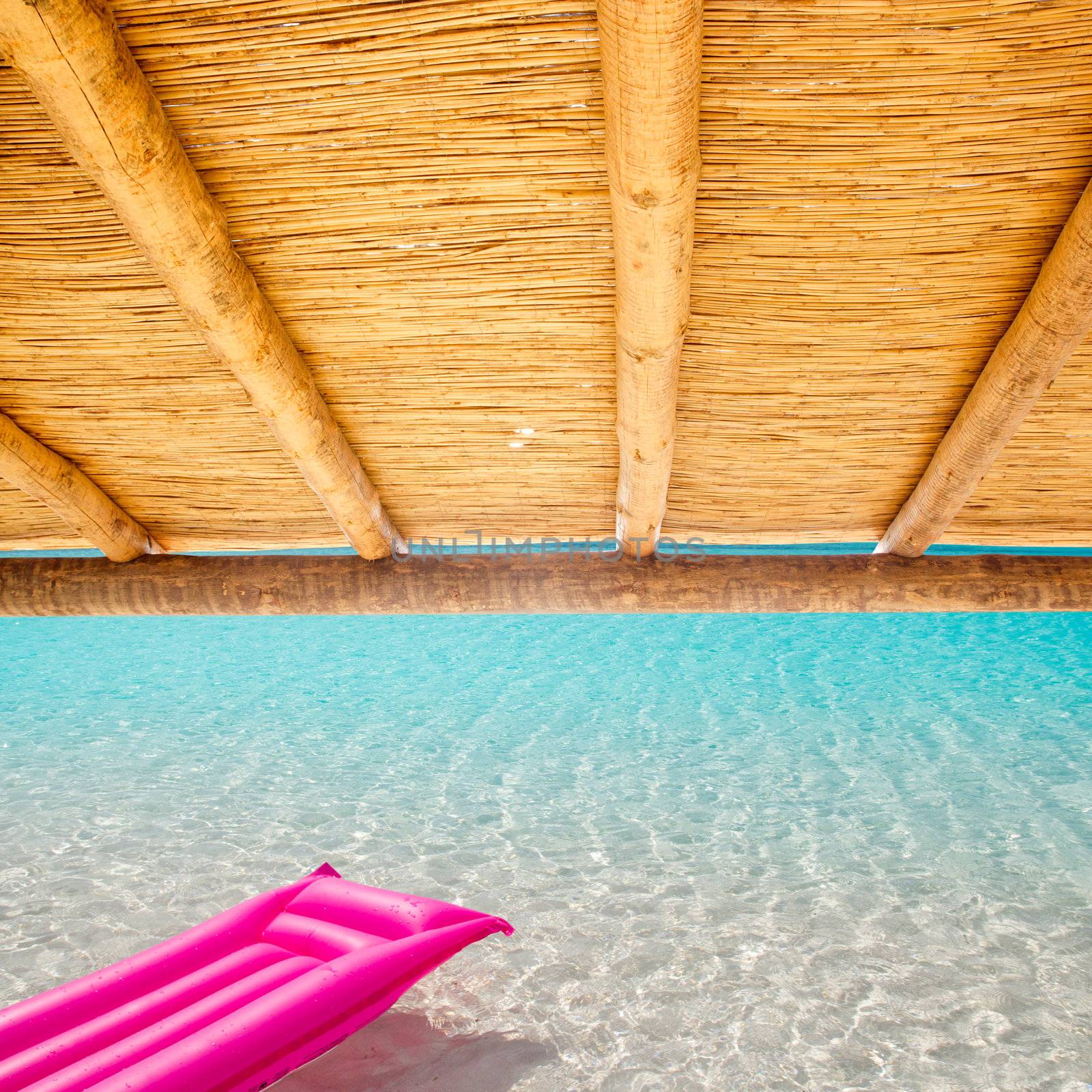 Cane sunroof with tropical perfect beach and pink float