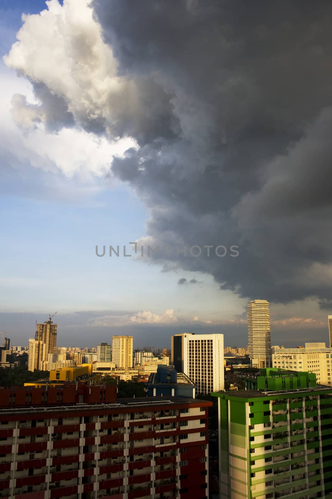 Singapore city area evening skyline.