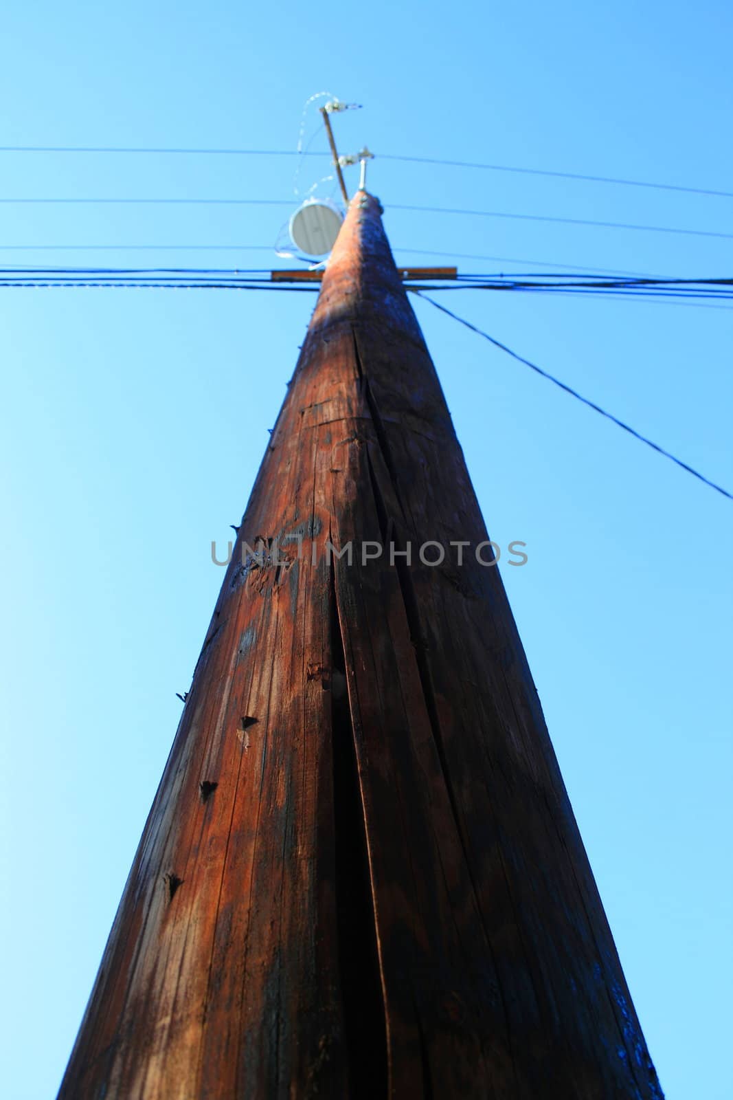 Close up of a telephone pole over blue sky.
