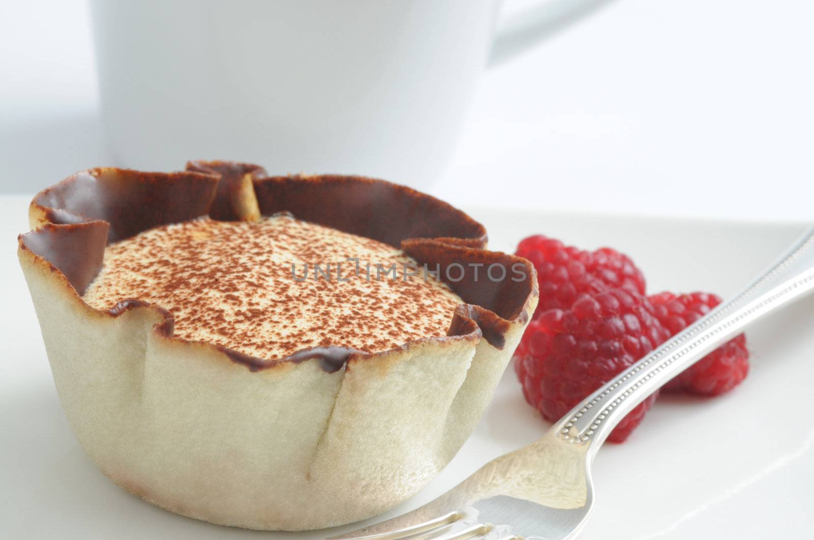 Tiramisu in a tart shell served with raspberries.