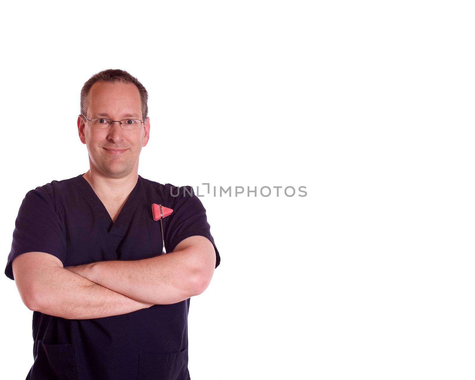 Physical therapist with a reflex hammer on a white background