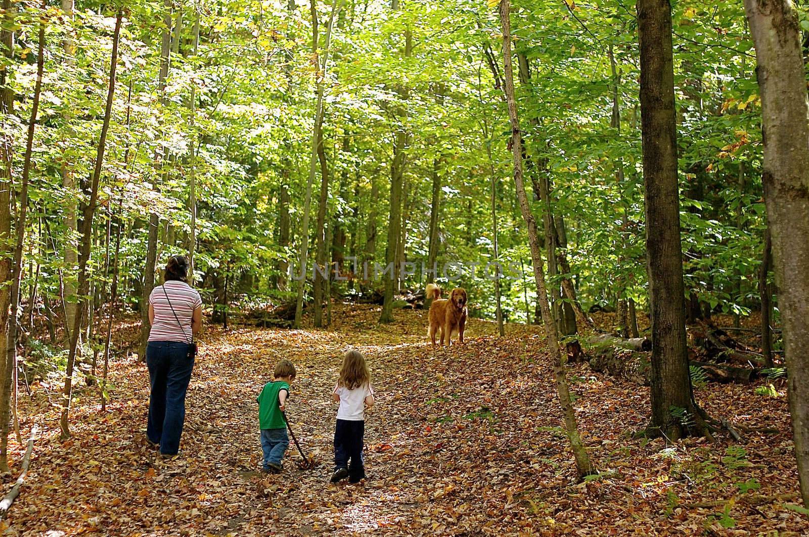 Happy family walking in a forest with their dog in autumn