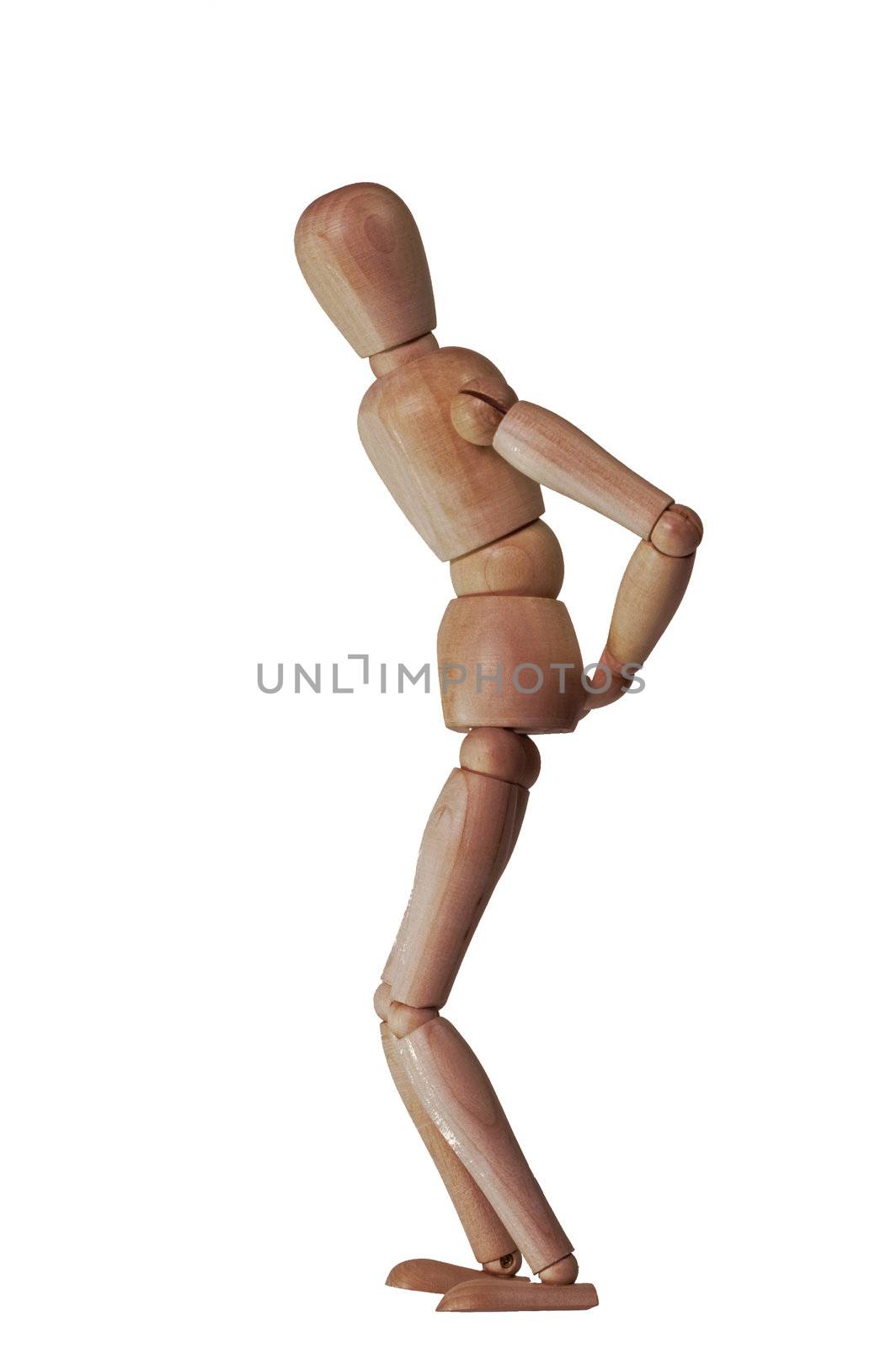 Wooden puppet set as someone with a back pain. White background with no shadow.