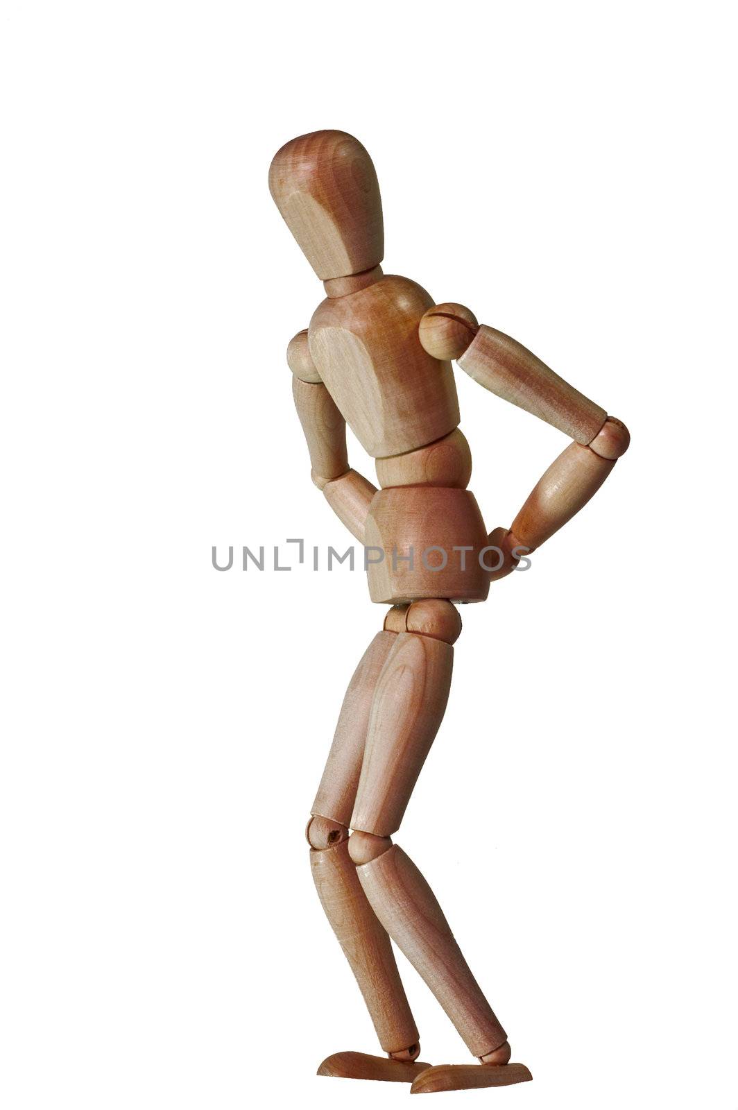 Wooden puppet set as someone with a back pain. White background with no shadow.