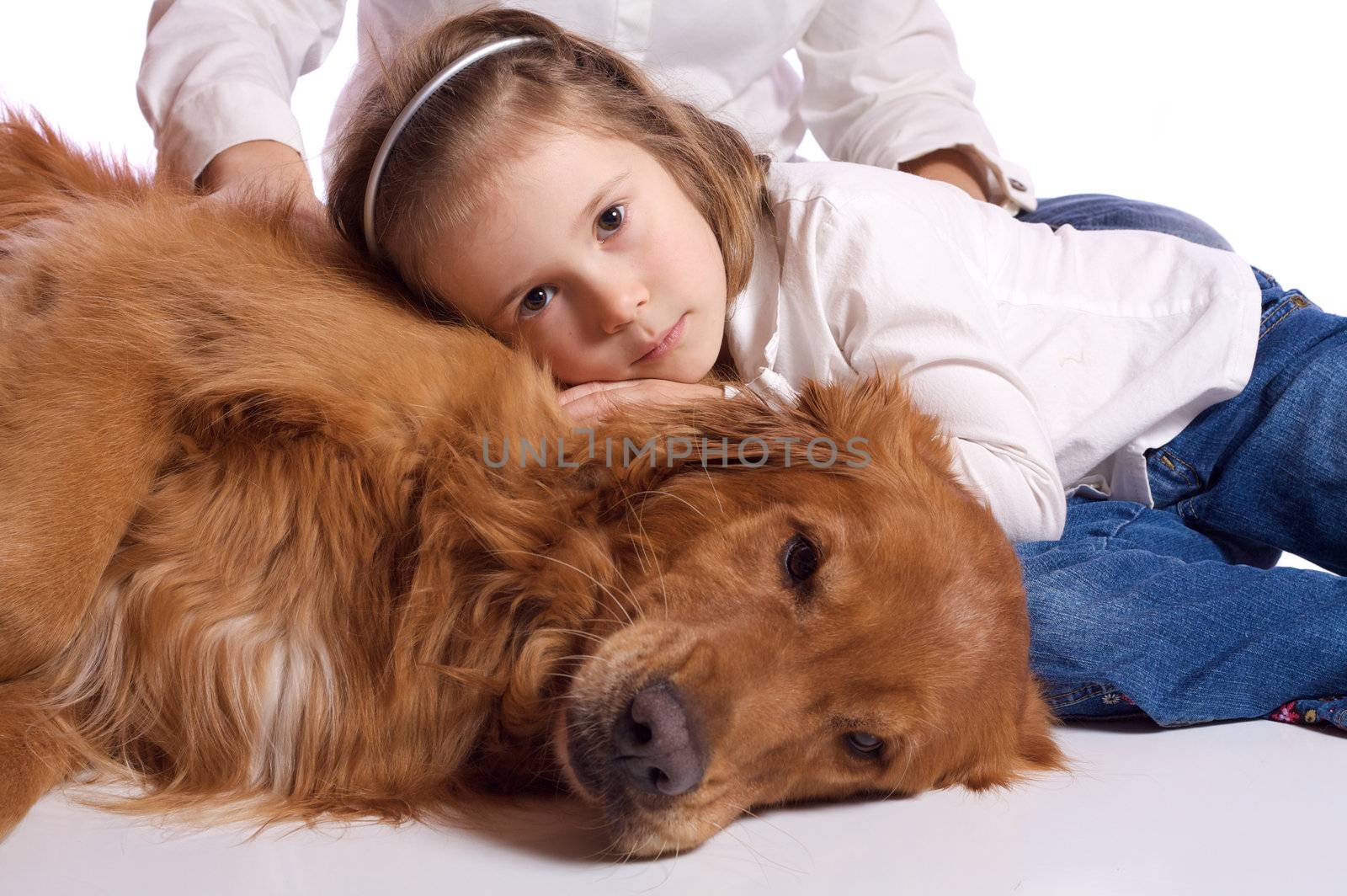 Cute little girl resting her head on her dog