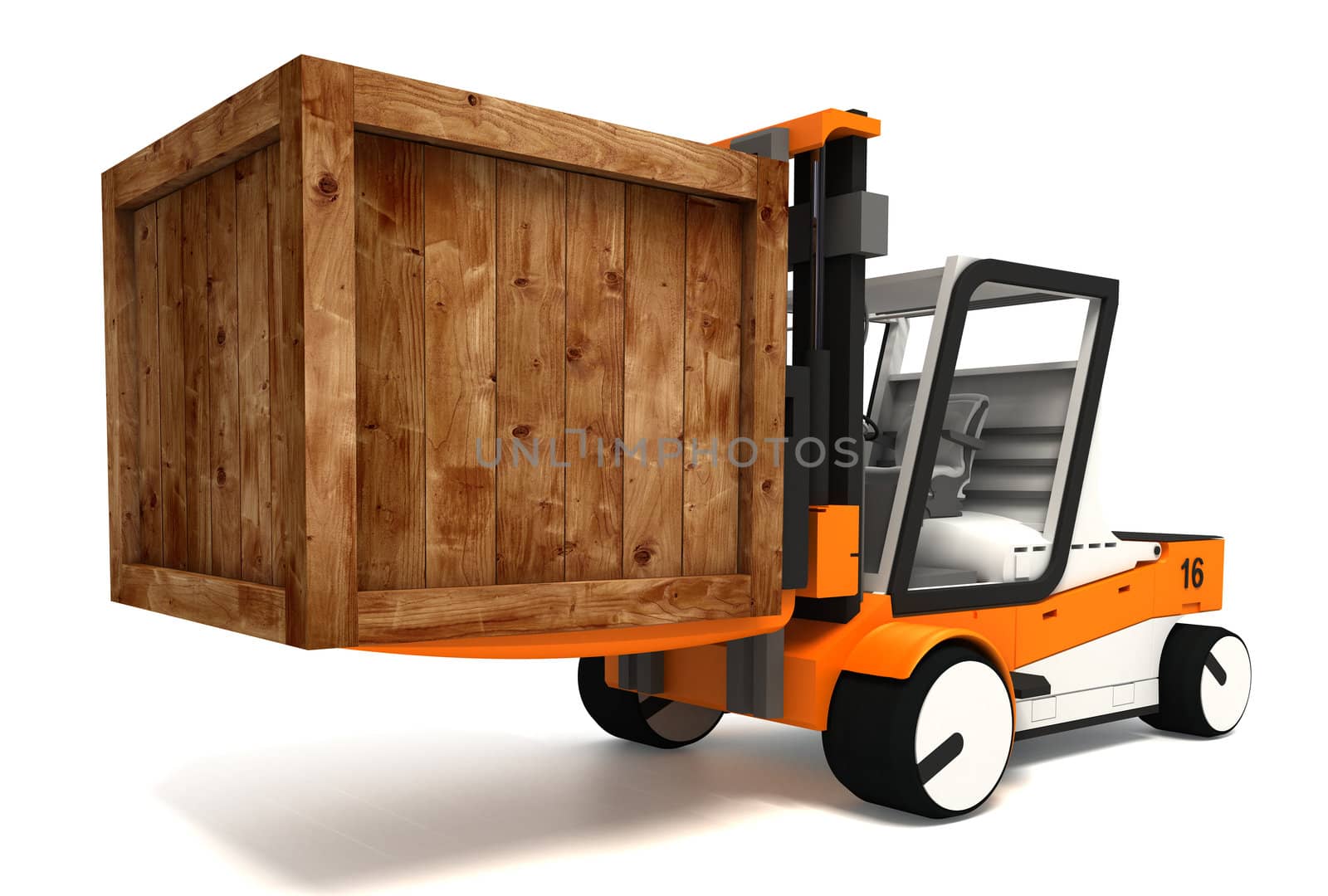fork lifter and wooden crate on white background. clipping path included