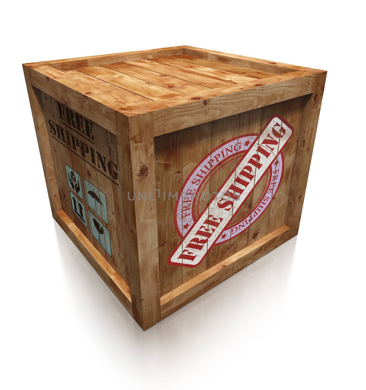 wooden box crate with free shipping grudge sign. clipping path included