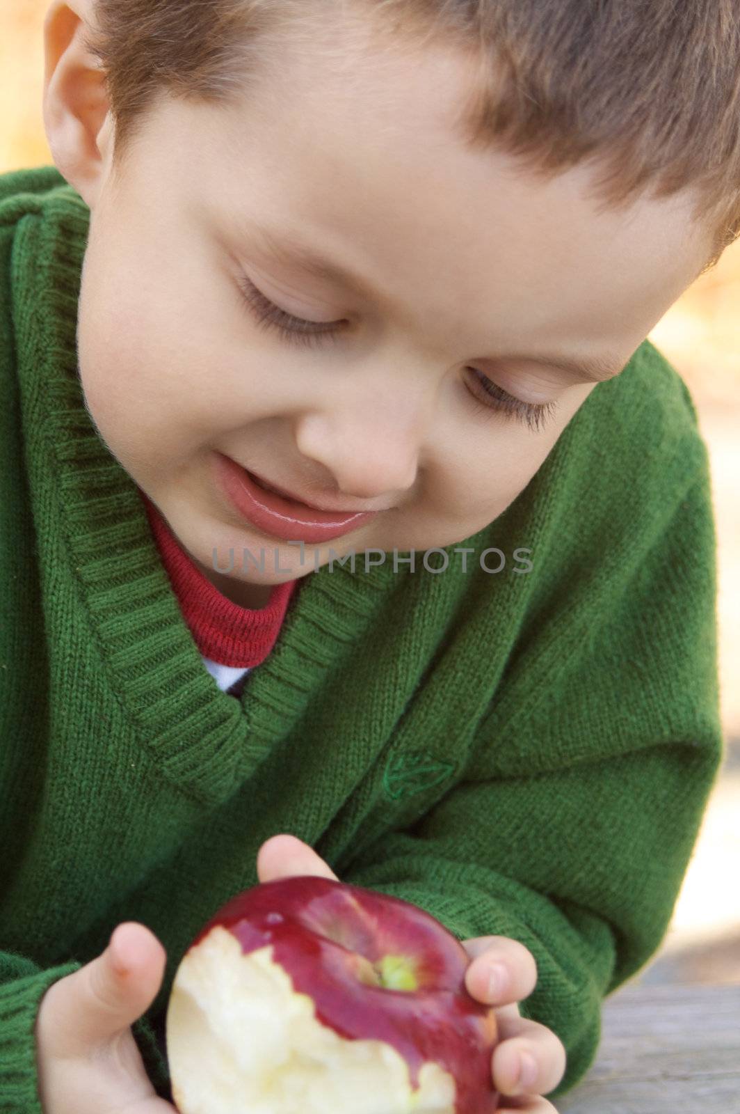 Cute little boy eating an apple