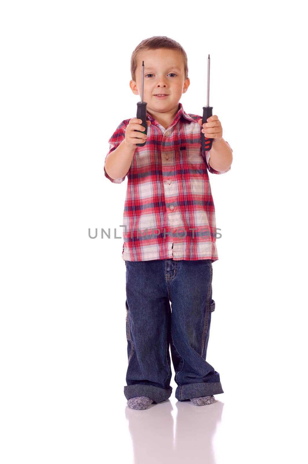 Cute little boy with two screwdrivers