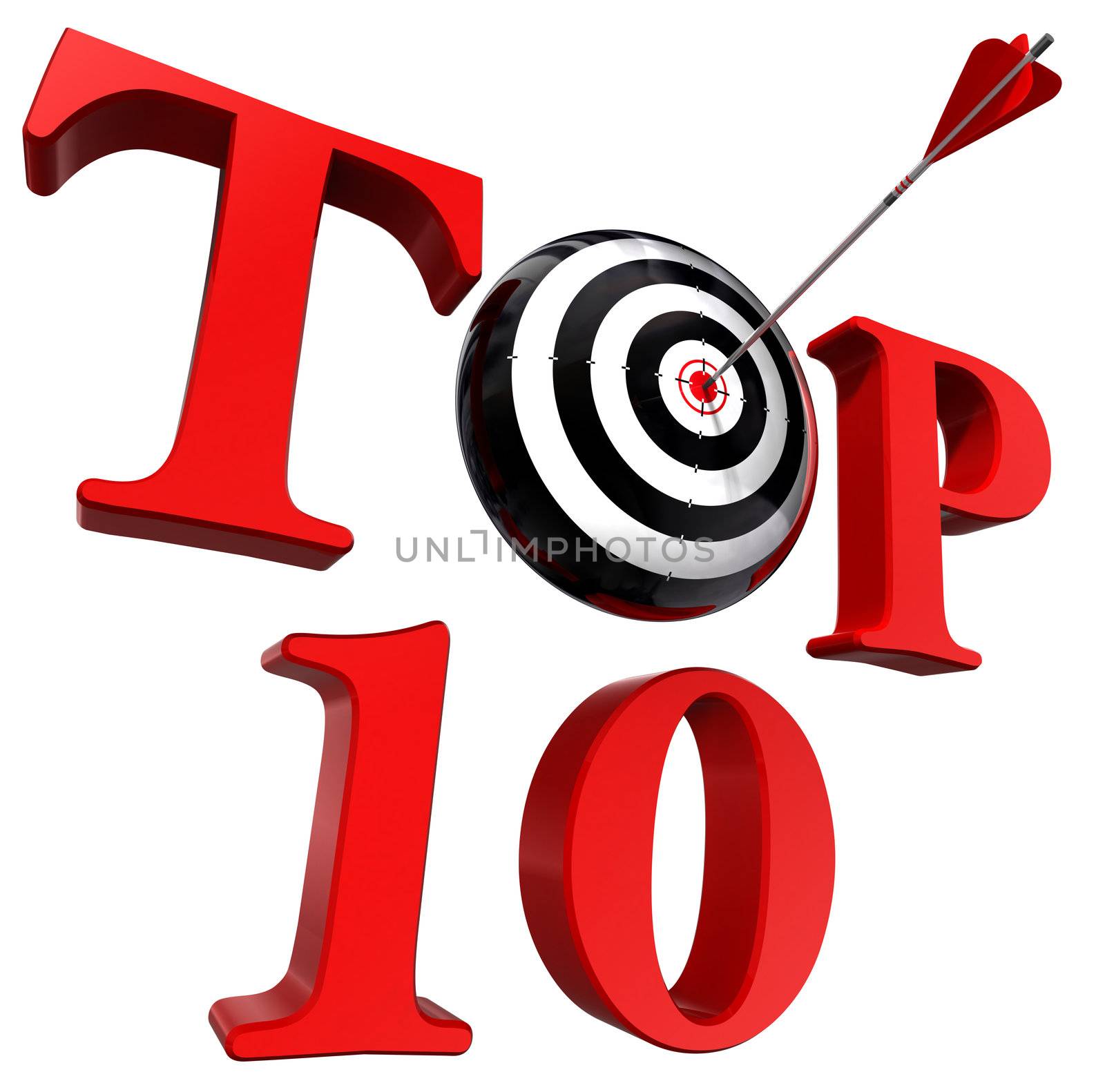 top ten red word with target and arrow on white background. clipping path included