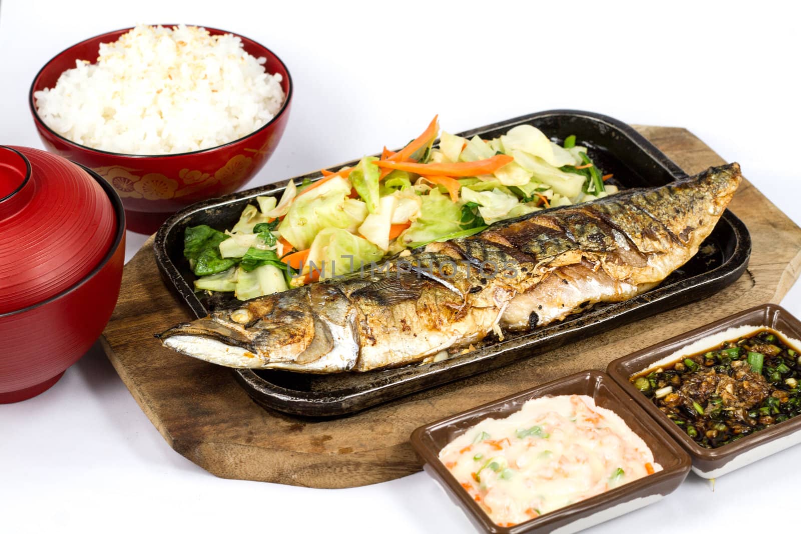 Japanese food style , Saba fish grilled the plate on white background