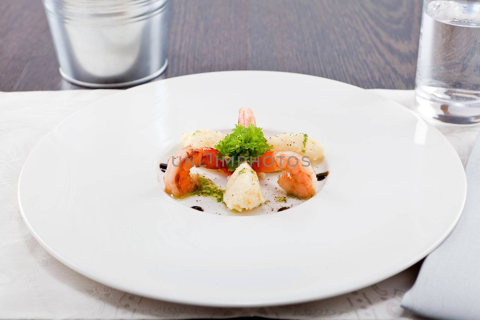 fresh tasty grilled shrimps with potato and kohlrabi puree vegetarian food