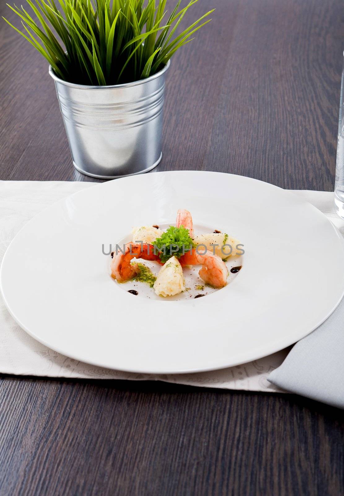 fresh tasty grilled shrimps with potato and kohlrabi puree vegetarian food