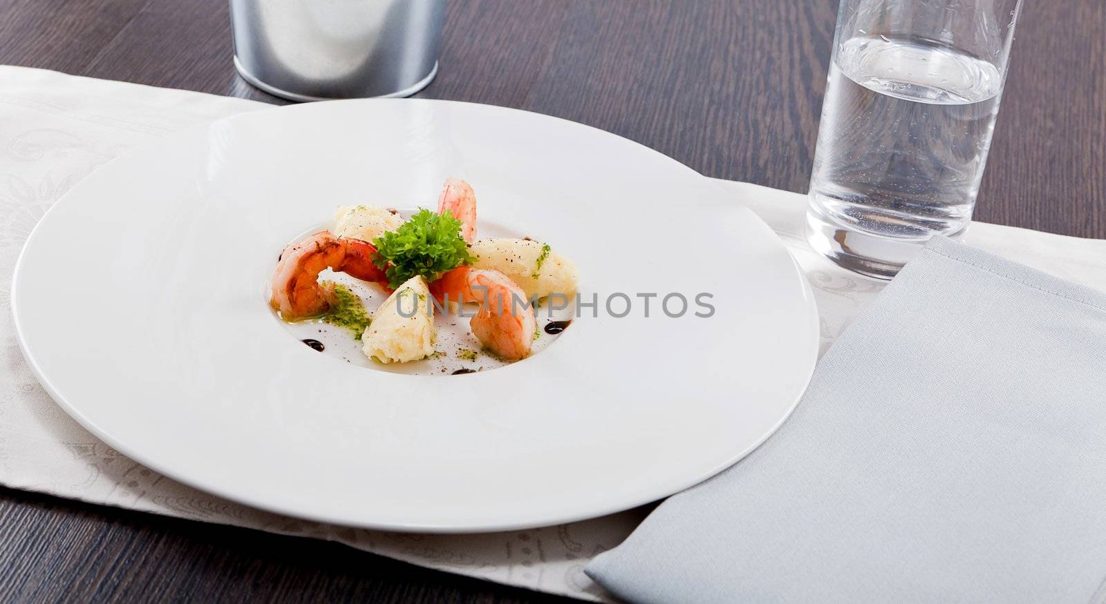 fresh tasty grilled shrimps with potato and kohlrabi puree vegetarian food