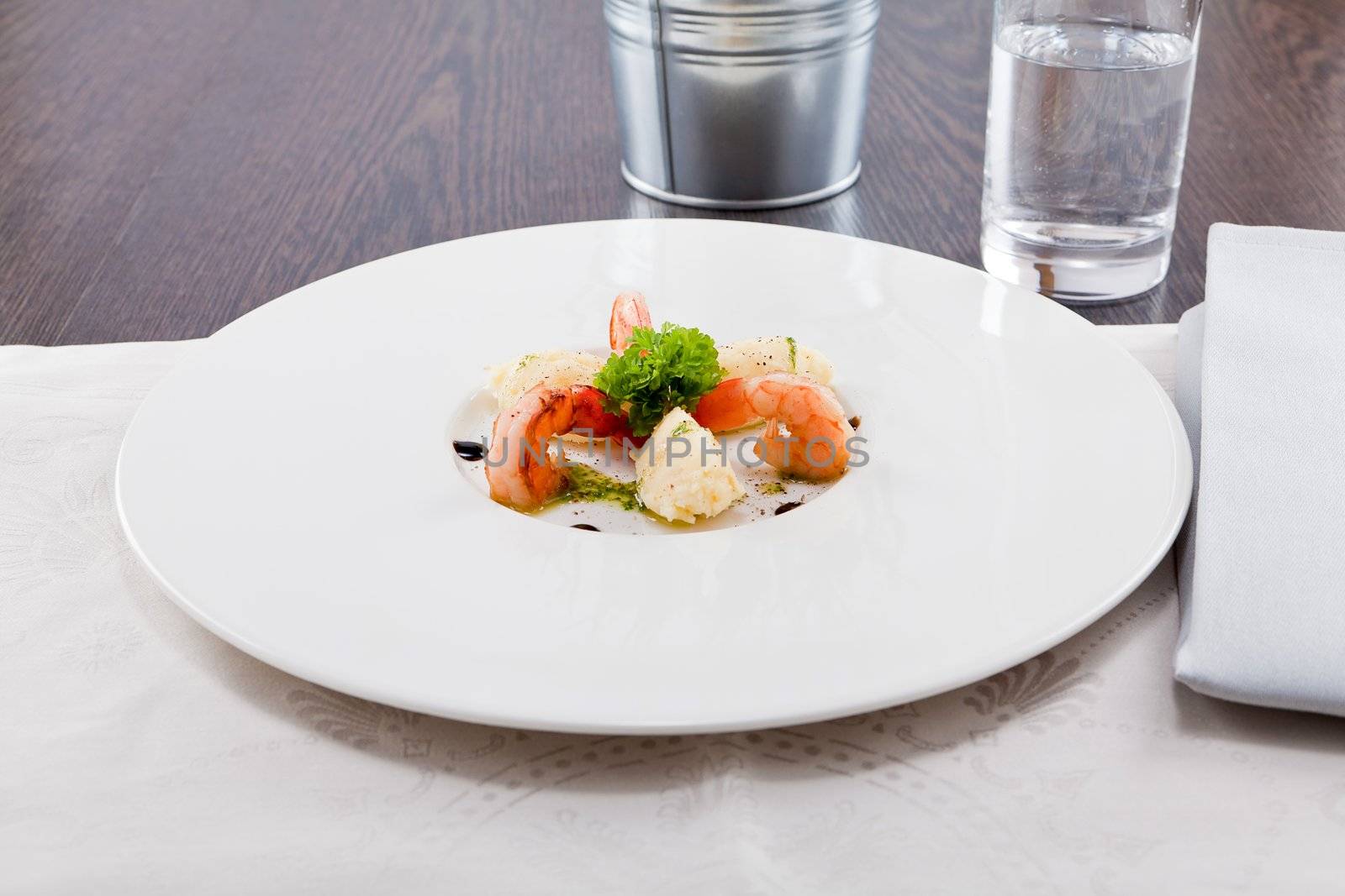 fresh tasty grilled shrimps with potato and kohlrabi puree vegetarian food