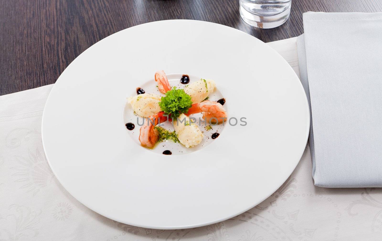 fresh tasty grilled shrimps with potato and kohlrabi puree vegetarian food
