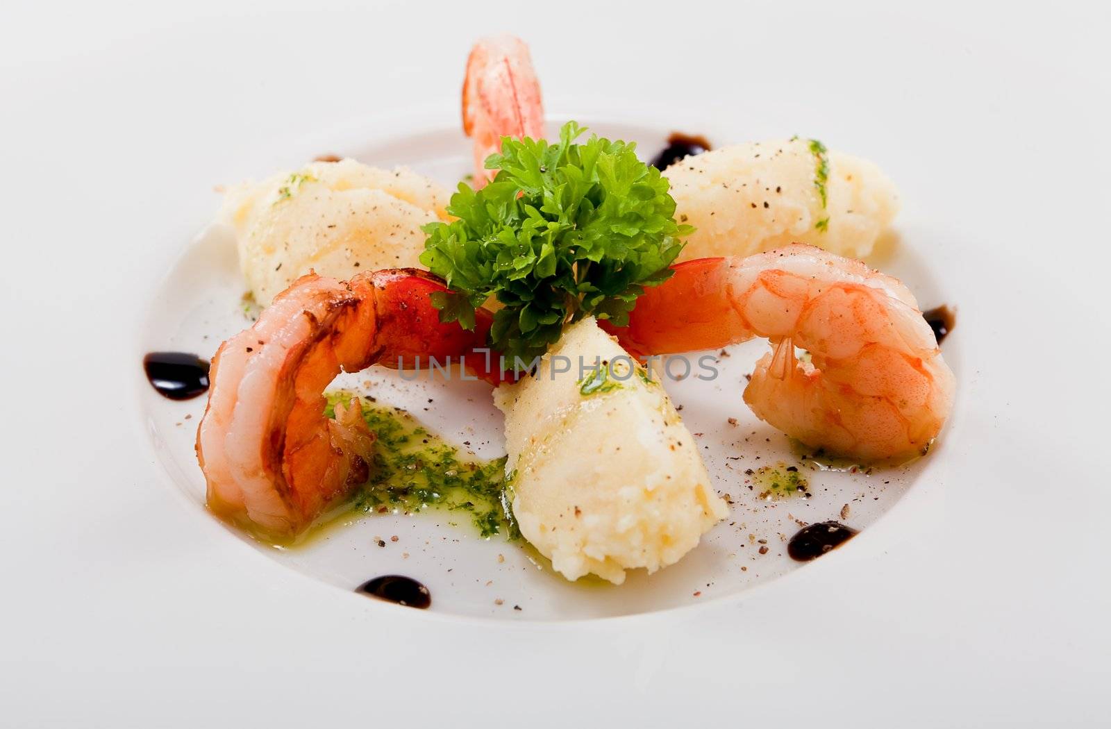 fresh tasty grilled shrimps with potato and kohlrabi puree vegetarian food