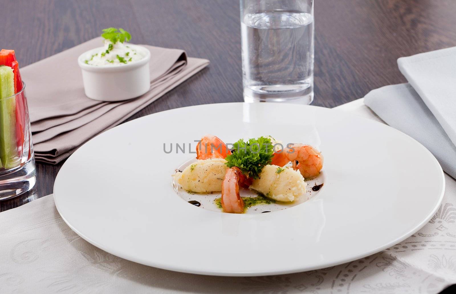 fresh tasty grilled shrimps with potato and kohlrabi puree vegetarian food