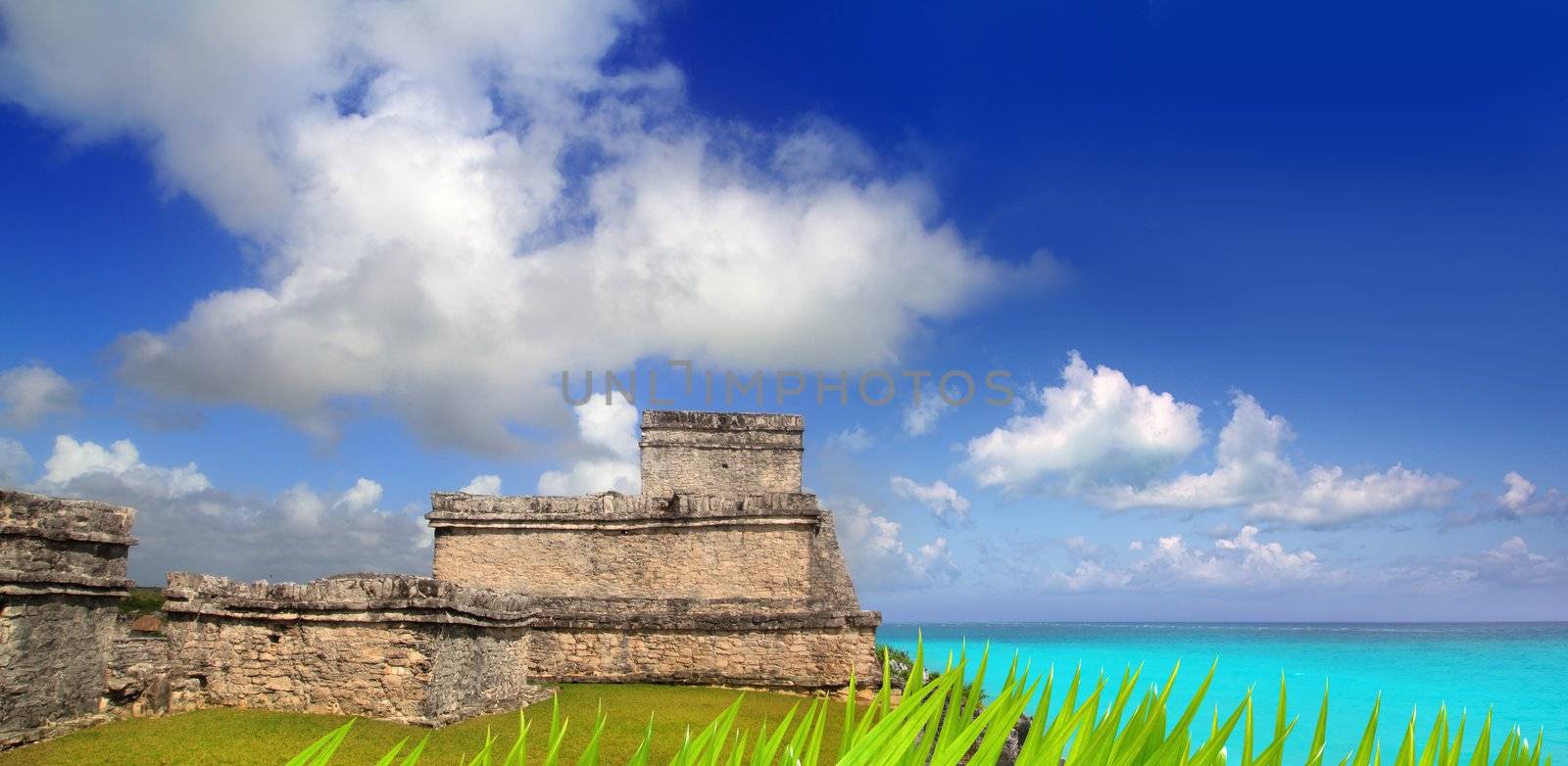 ancient Mayan ruins Tulum Caribbean turquoise sea direct high view