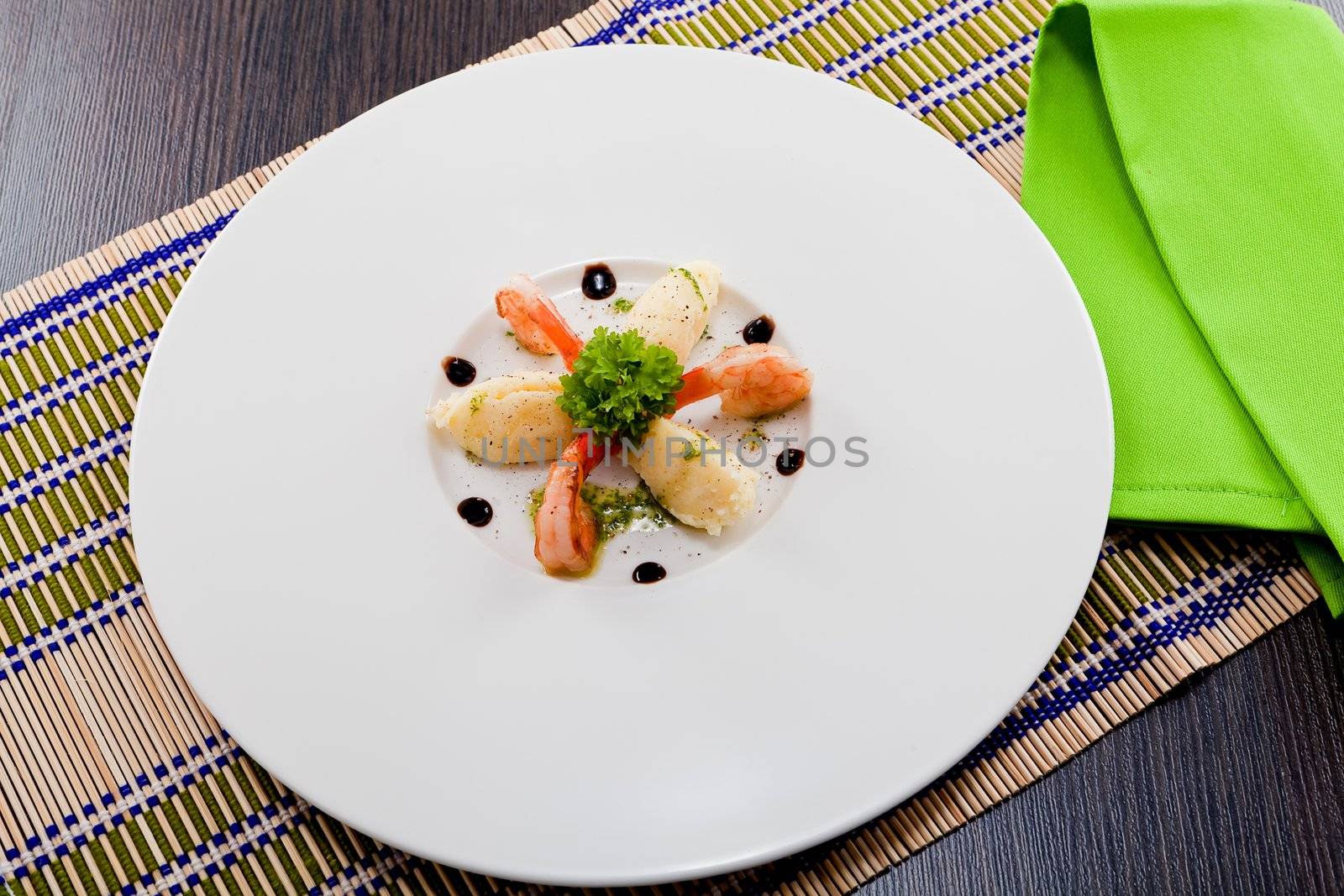 fresh tasty grilled shrimps with potato and kohlrabi puree vegetarian food